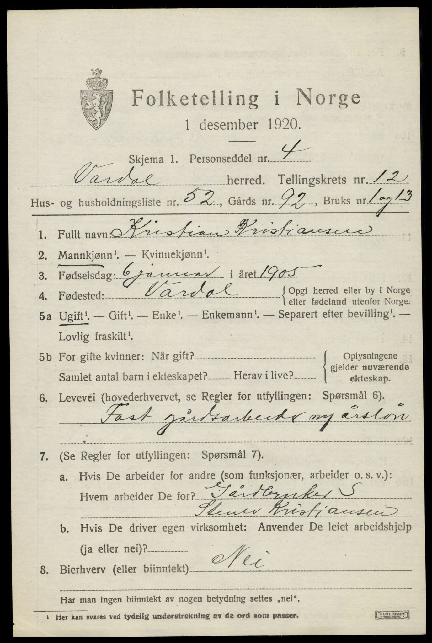 SAH, 1920 census for Vardal, 1920, p. 13793