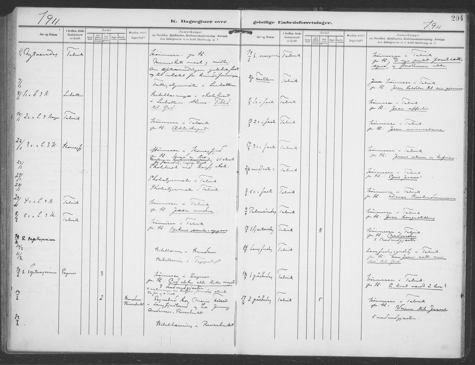 Talvik sokneprestkontor, SATØ/S-1337/H/Ha/L0017kirke: Parish register (official) no. 17, 1906-1915, p. 204