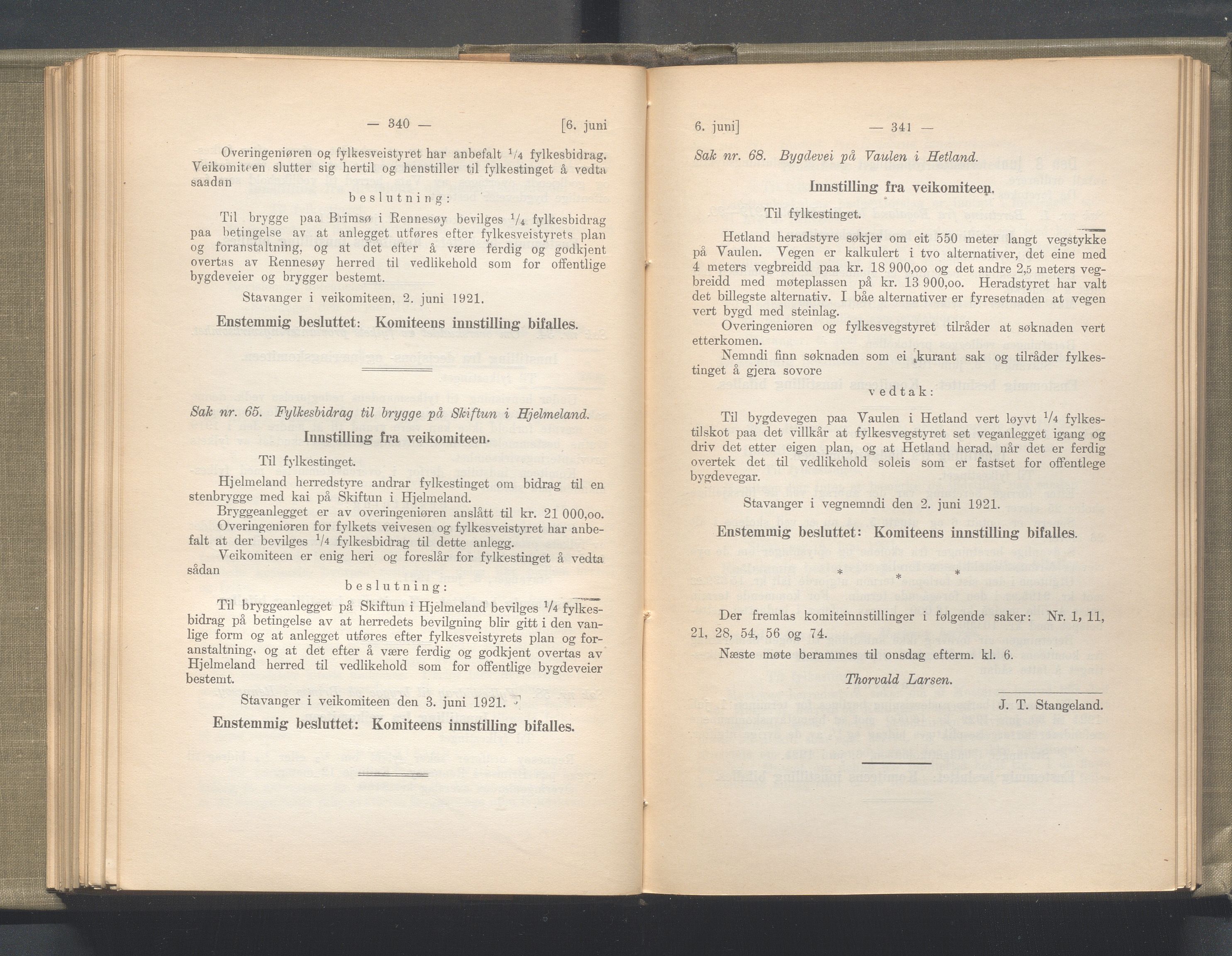 Rogaland fylkeskommune - Fylkesrådmannen , IKAR/A-900/A/Aa/Aaa/L0040: Møtebok , 1921, p. 340-341