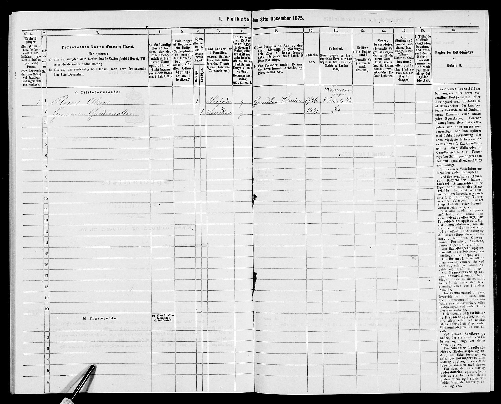 SAK, 1875 census for 1028P Nord-Audnedal, 1875, p. 743