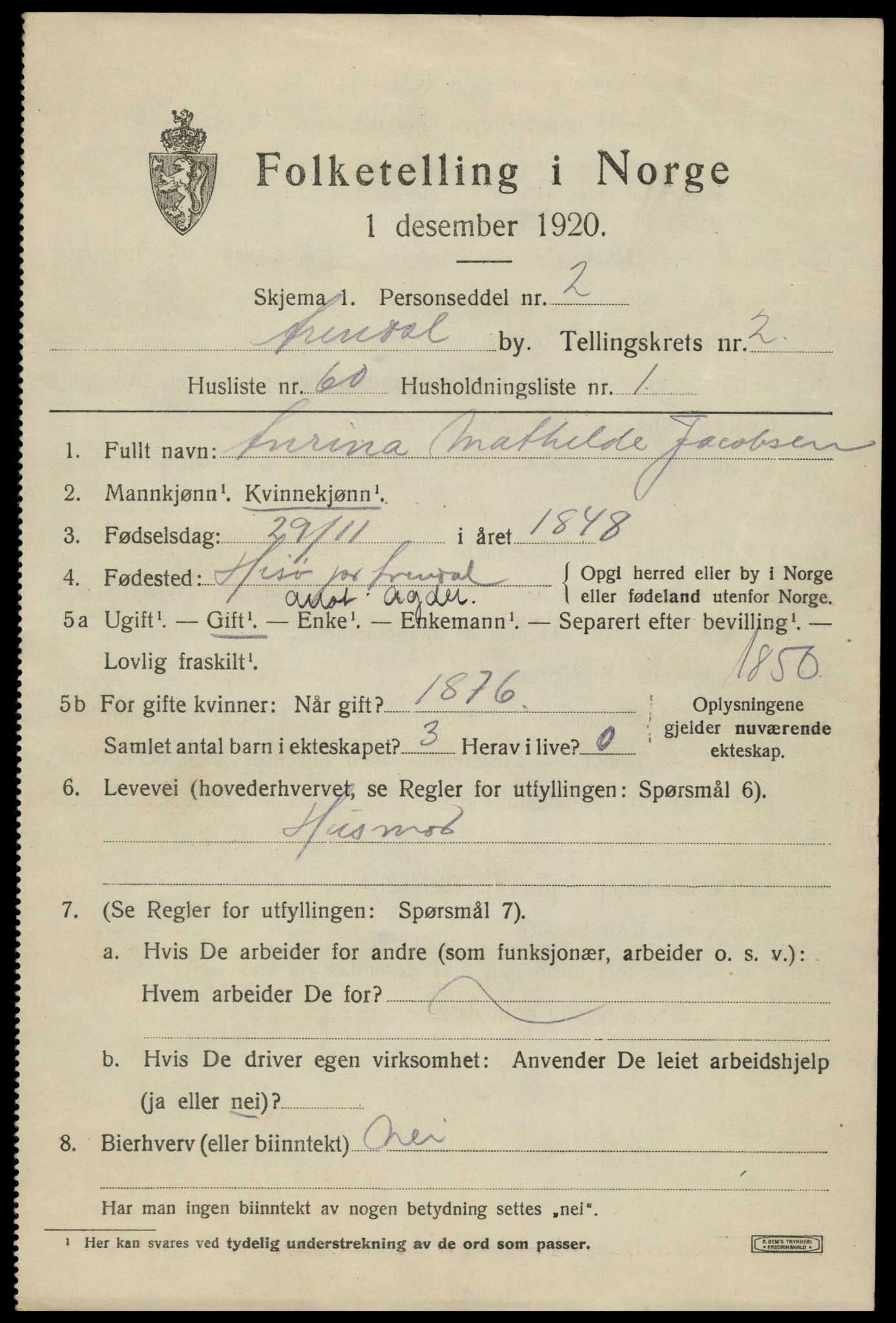 SAK, 1920 census for Arendal, 1920, p. 10782