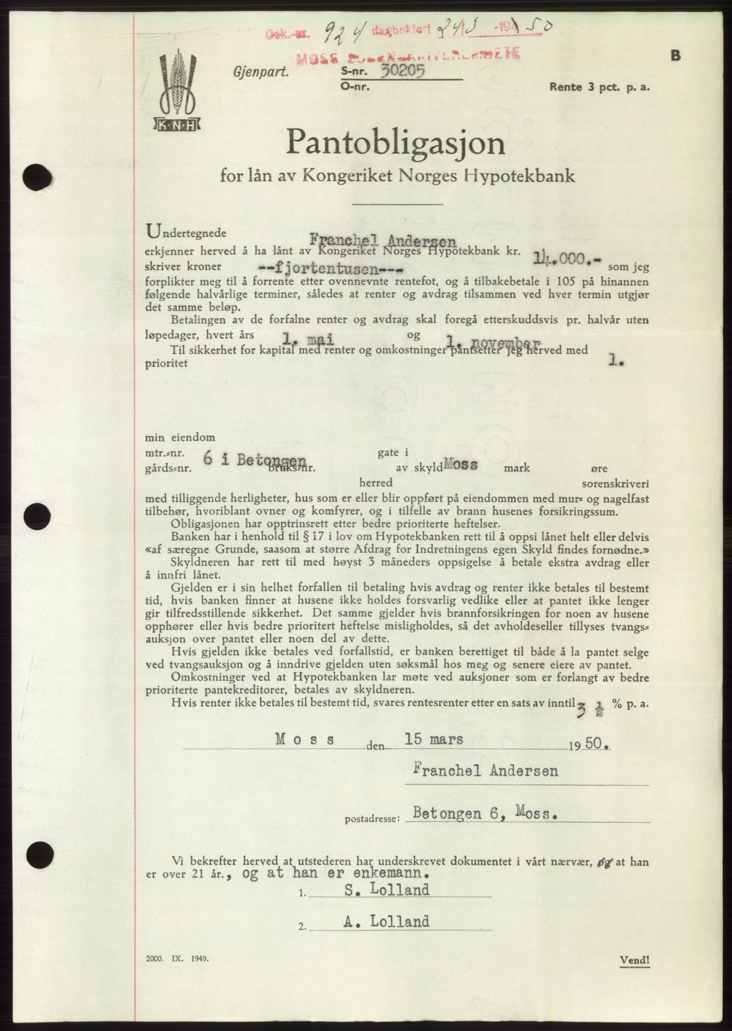 Moss sorenskriveri, AV/SAO-A-10168: Mortgage book no. B24, 1950-1950, Diary no: : 924/1950