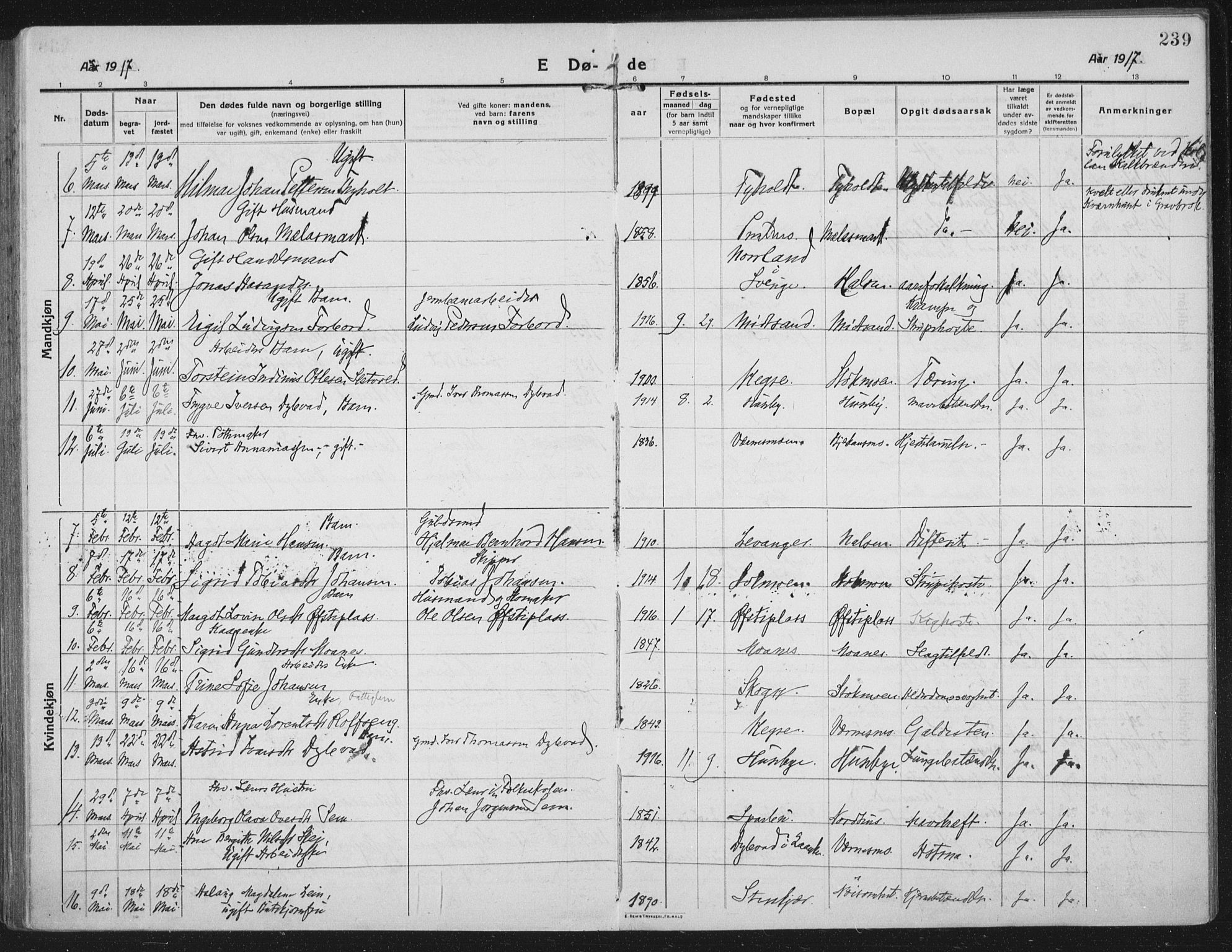 Ministerialprotokoller, klokkerbøker og fødselsregistre - Nord-Trøndelag, SAT/A-1458/709/L0083: Parish register (official) no. 709A23, 1916-1928, p. 239