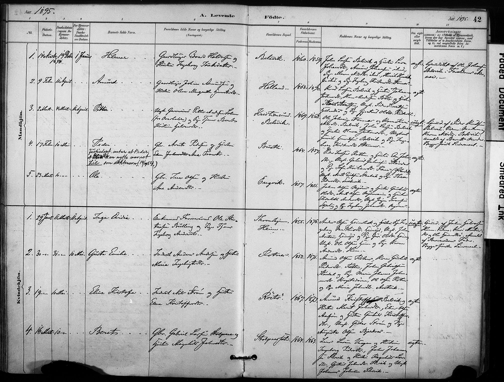 Ministerialprotokoller, klokkerbøker og fødselsregistre - Sør-Trøndelag, SAT/A-1456/633/L0518: Parish register (official) no. 633A01, 1884-1906, p. 42