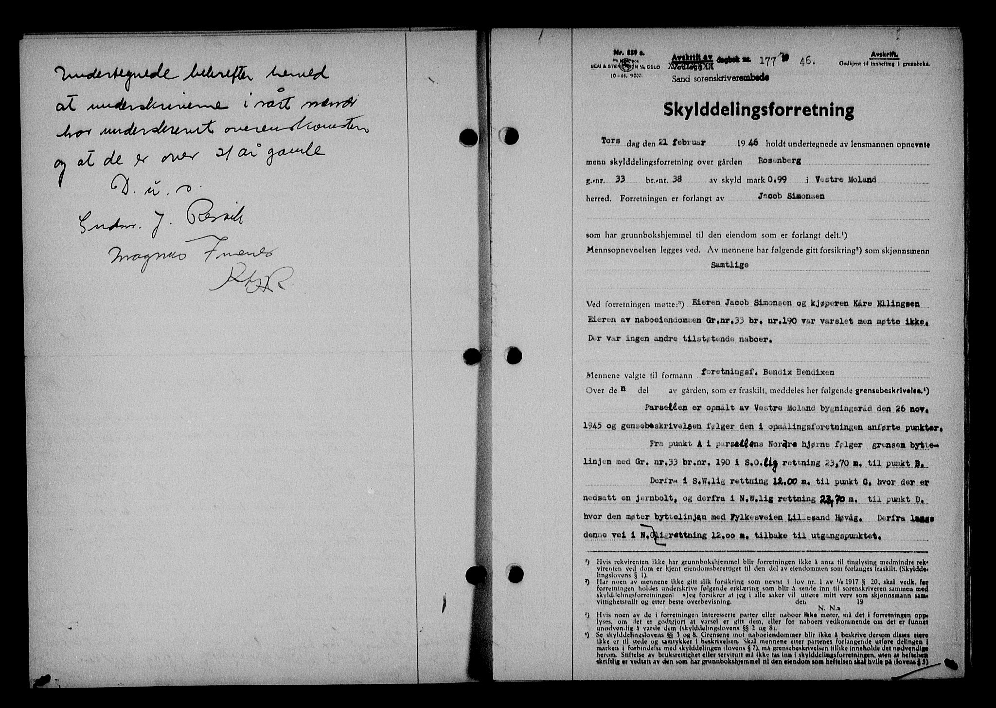 Vestre Nedenes/Sand sorenskriveri, AV/SAK-1221-0010/G/Gb/Gba/L0054: Mortgage book no. A 7, 1945-1946, Diary no: : 177/1946