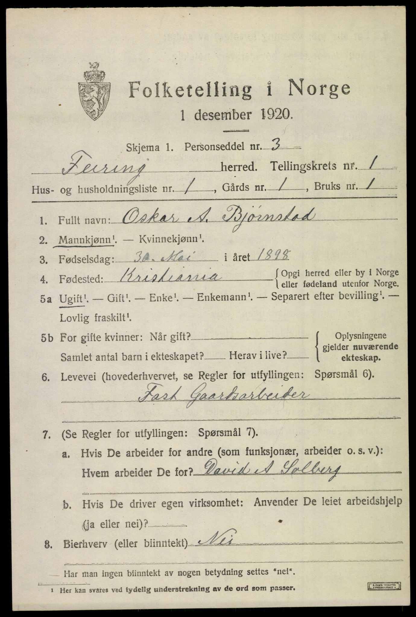 SAO, 1920 census for Feiring, 1920, p. 430