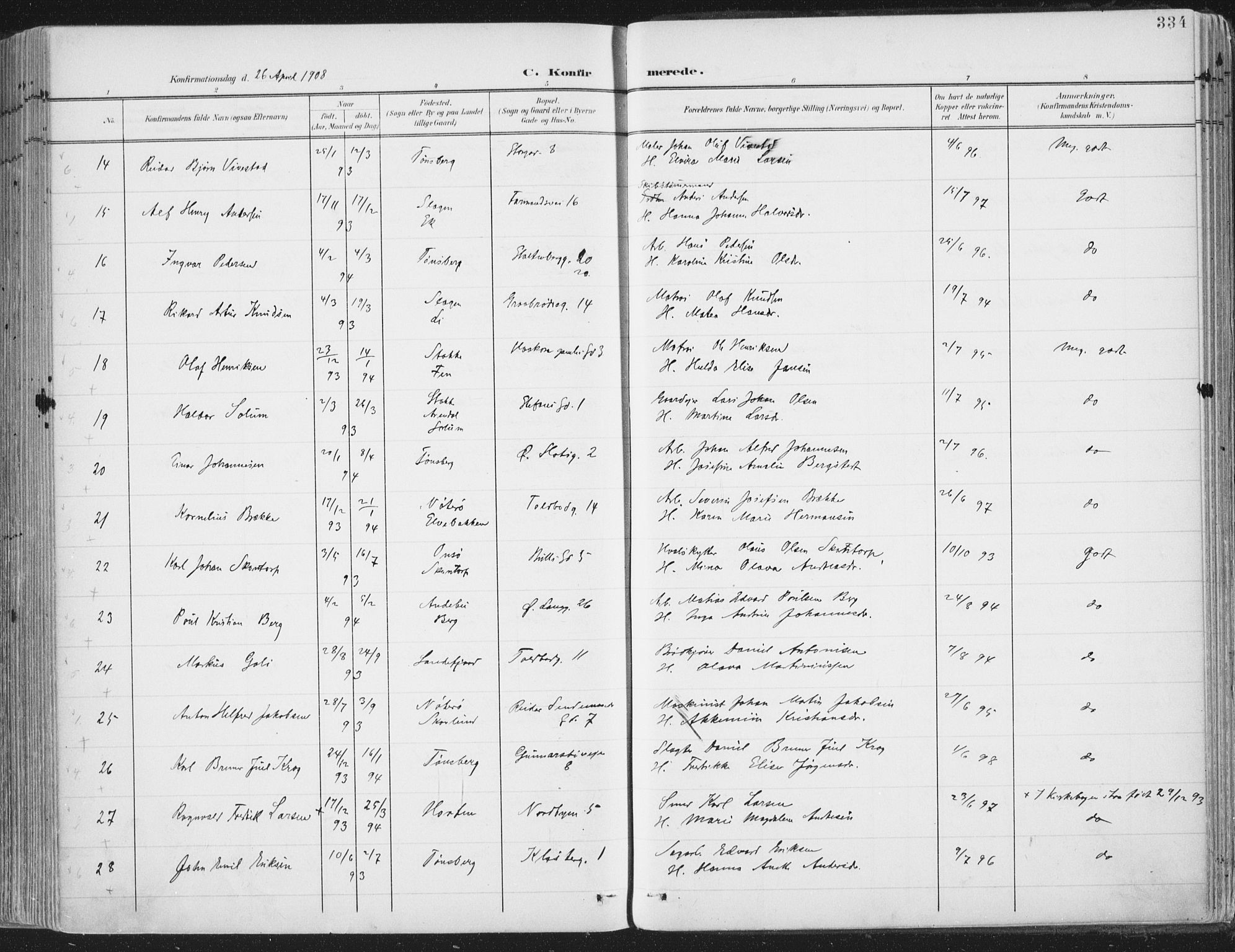 Tønsberg kirkebøker, SAKO/A-330/F/Fa/L0014: Parish register (official) no. I 14, 1900-1913, p. 334