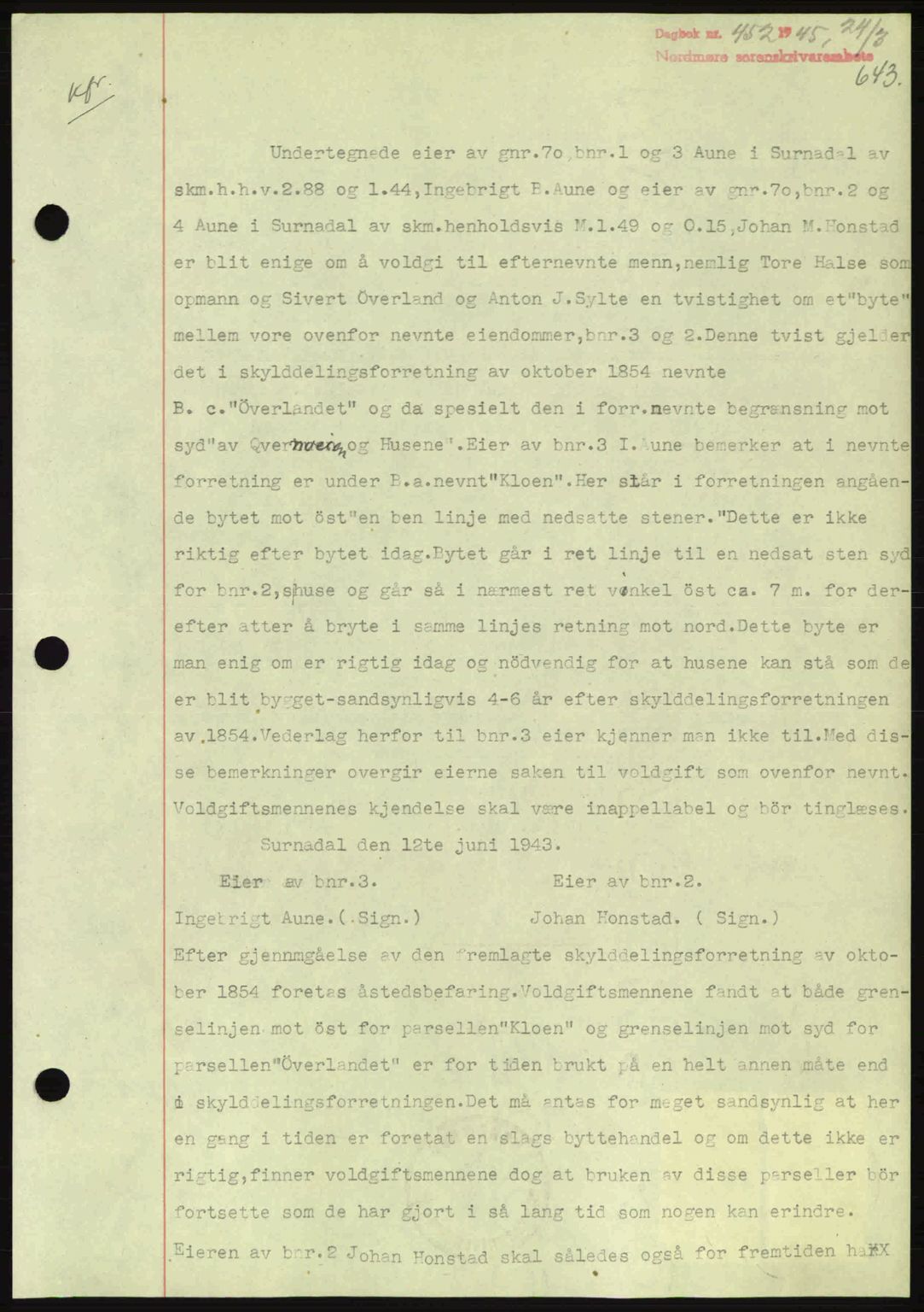 Nordmøre sorenskriveri, AV/SAT-A-4132/1/2/2Ca: Mortgage book no. B92, 1944-1945, Diary no: : 452/1945