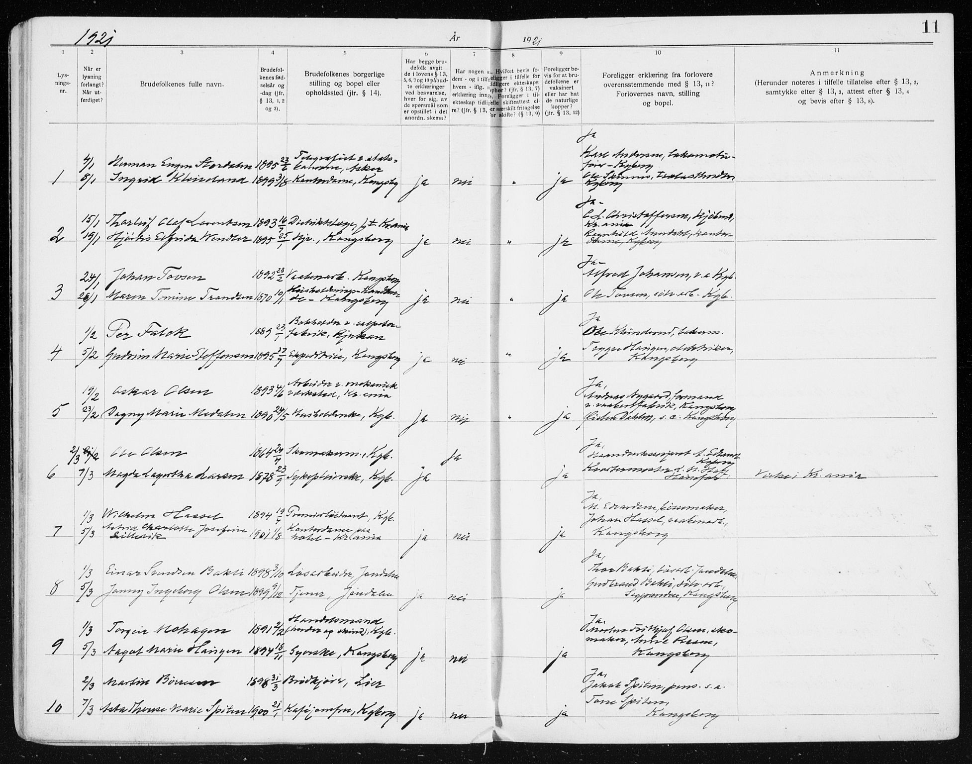 Kongsberg kirkebøker, SAKO/A-22/H/Ha/L0001: Banns register no. 1, 1919-1939, p. 11
