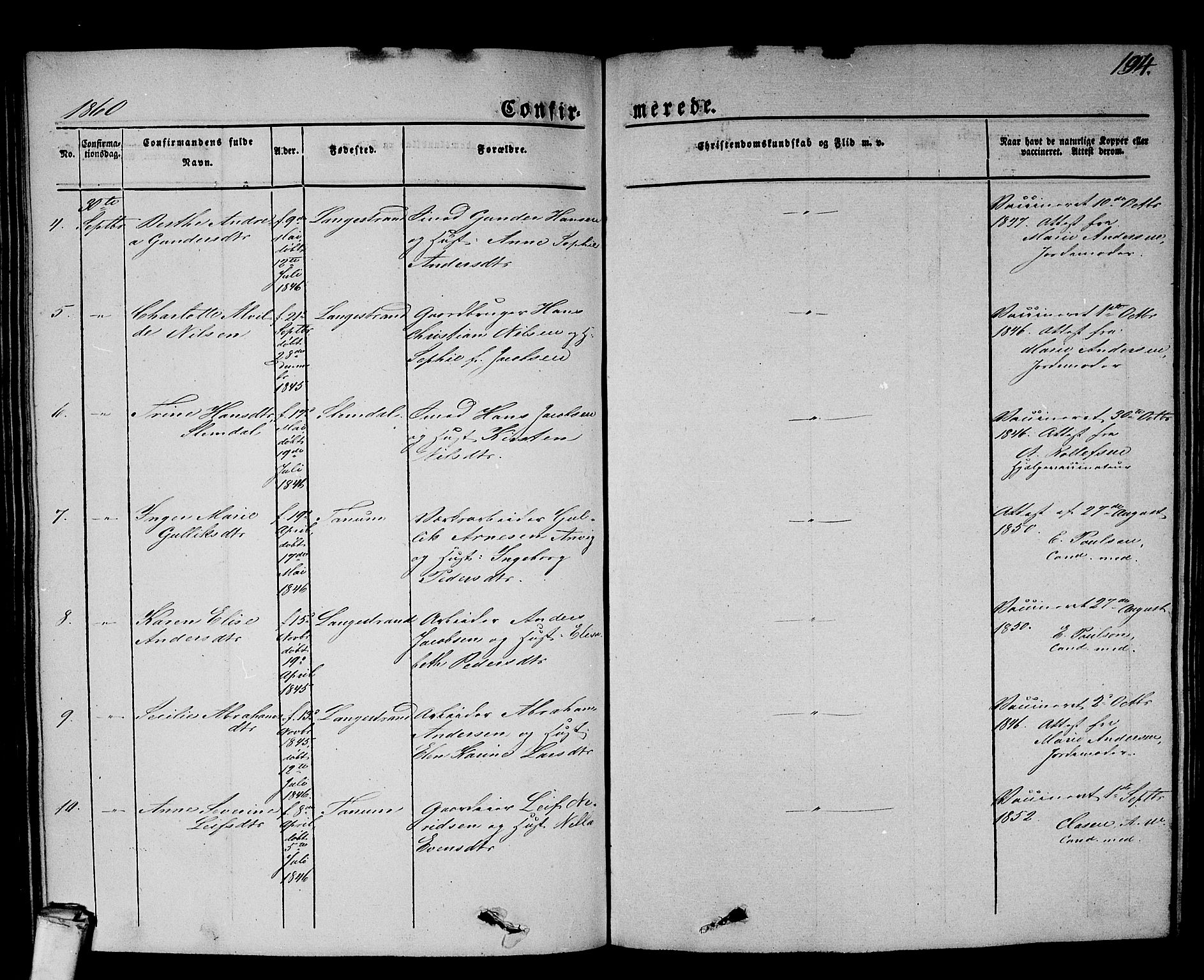 Larvik kirkebøker, SAKO/A-352/G/Gb/L0002: Parish register (copy) no. II 2, 1843-1866, p. 194
