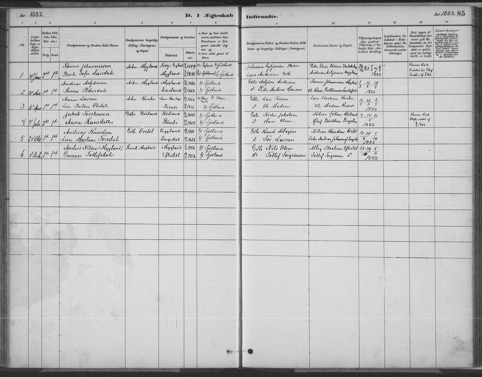 Fjotland sokneprestkontor, SAK/1111-0010/F/Fa/L0002: Parish register (official) no. A 2, 1880-1898, p. 85