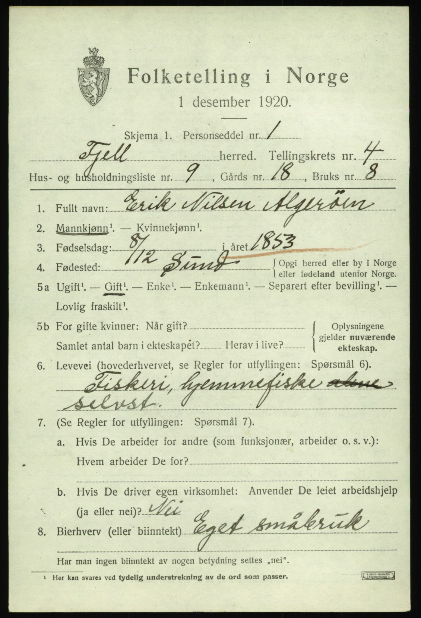 SAB, 1920 census for Fjell, 1920, p. 3790