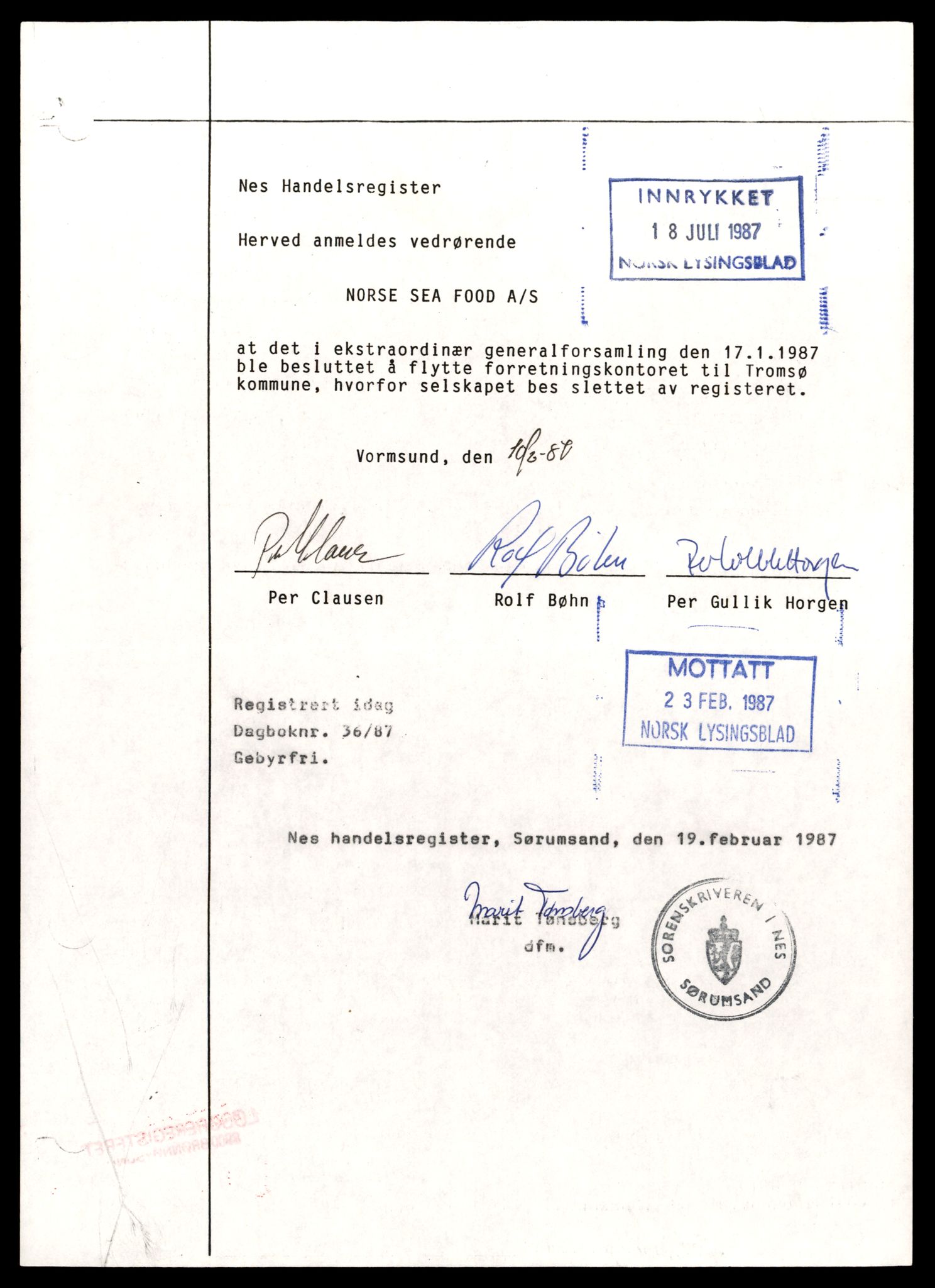 Nes tingrett, AV/SAT-A-10548/K/Ke/Keb/L0018: Aksjeselskap, Nors - Rau, 1944-1990, p. 1