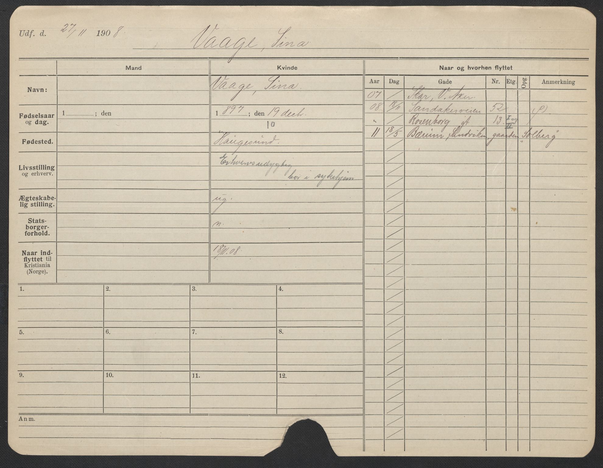 Oslo folkeregister, Registerkort, AV/SAO-A-11715/F/Fa/Fac/L0025: Kvinner, 1906-1914, p. 495a