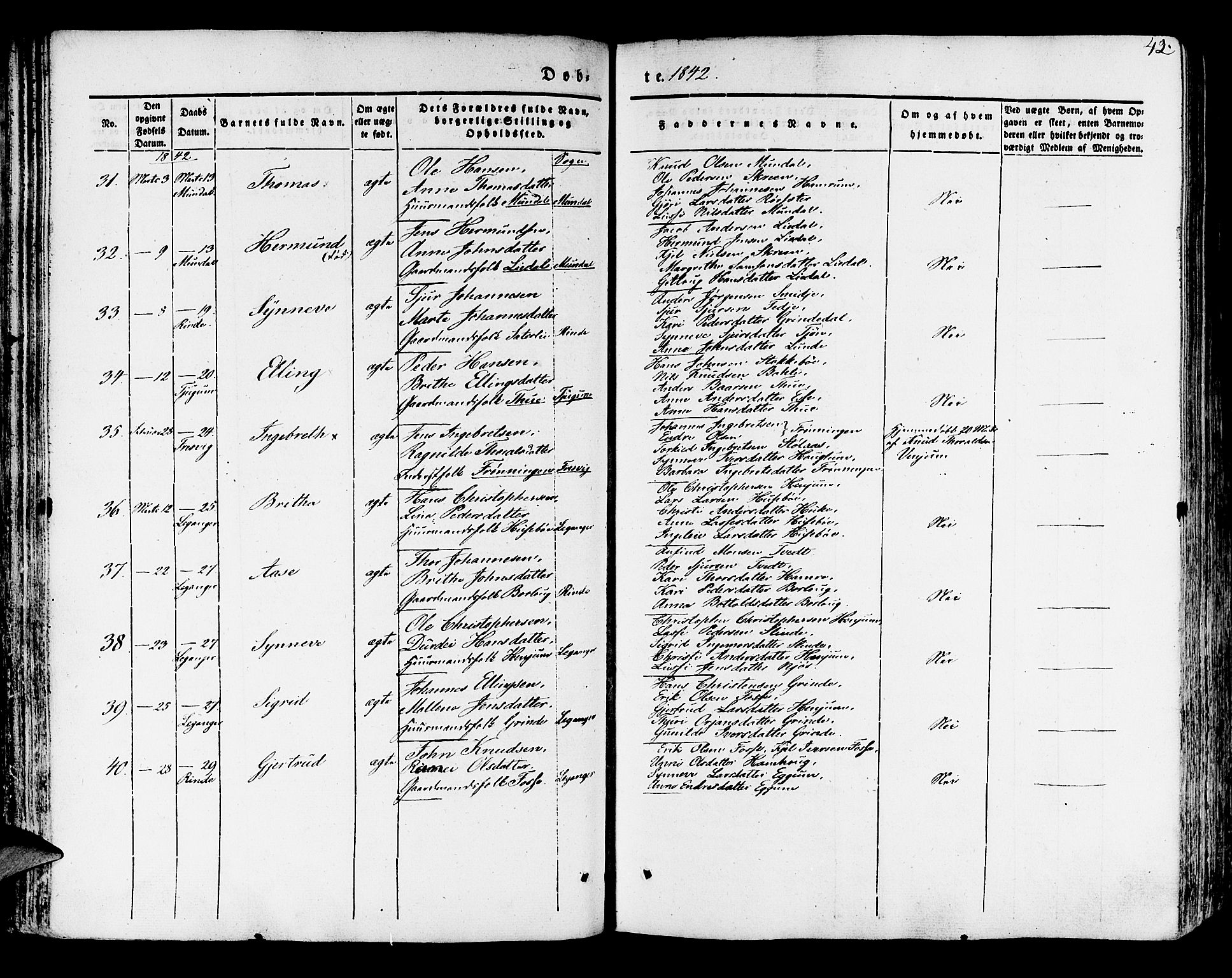 Leikanger sokneprestembete, AV/SAB-A-81001/H/Haa/Haaa/L0007: Parish register (official) no. A 7, 1838-1851, p. 42