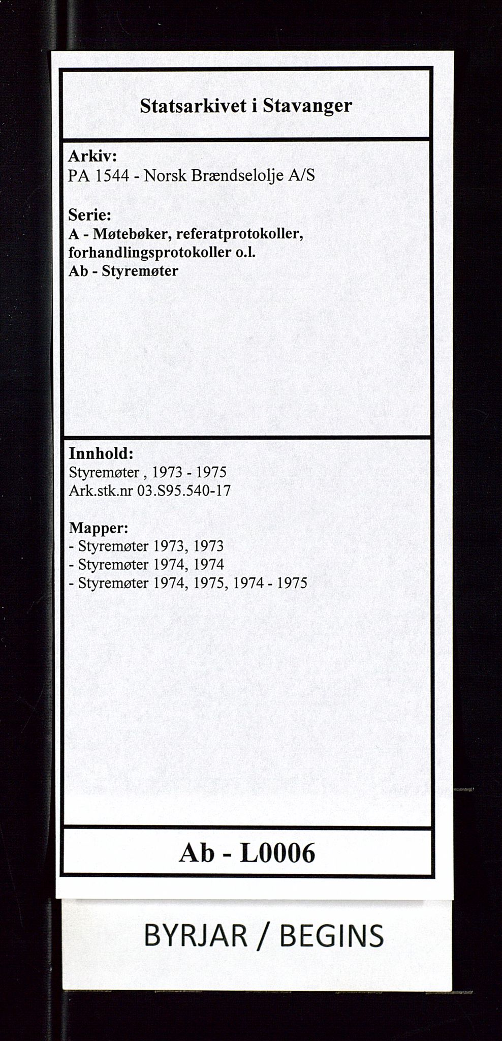 PA 1544 - Norsk Brændselolje A/S, AV/SAST-A-101965/1/A/Ab/L0006/0002: Styremøter  / Styremøter 1974, 1974, p. 1