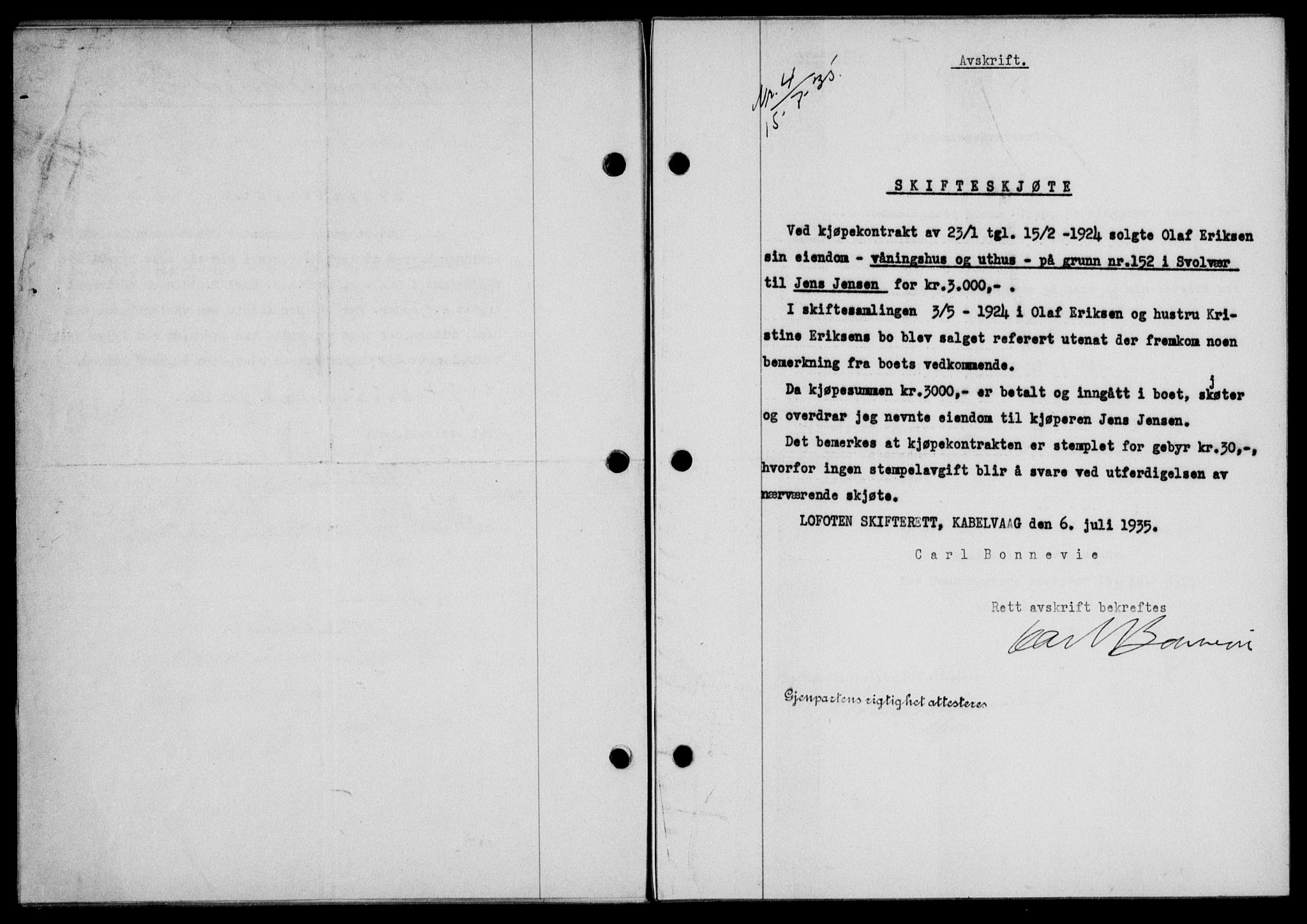 Lofoten sorenskriveri, SAT/A-0017/1/2/2C/L0032b: Mortgage book no. 32b, 1935-1935, Deed date: 15.07.1935