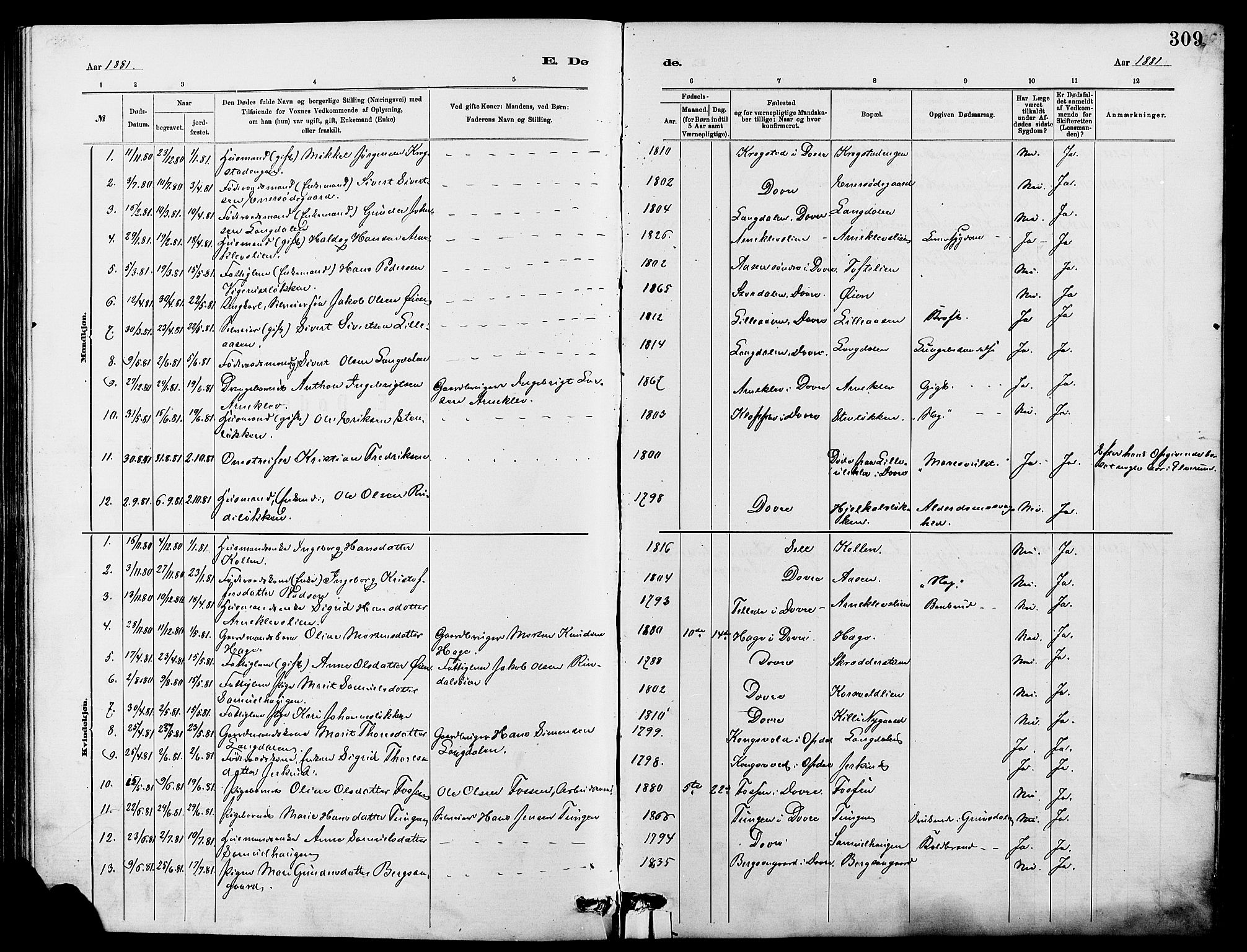 Dovre prestekontor, SAH/PREST-066/H/Ha/Hab/L0002: Parish register (copy) no. 2, 1881-1907, p. 309