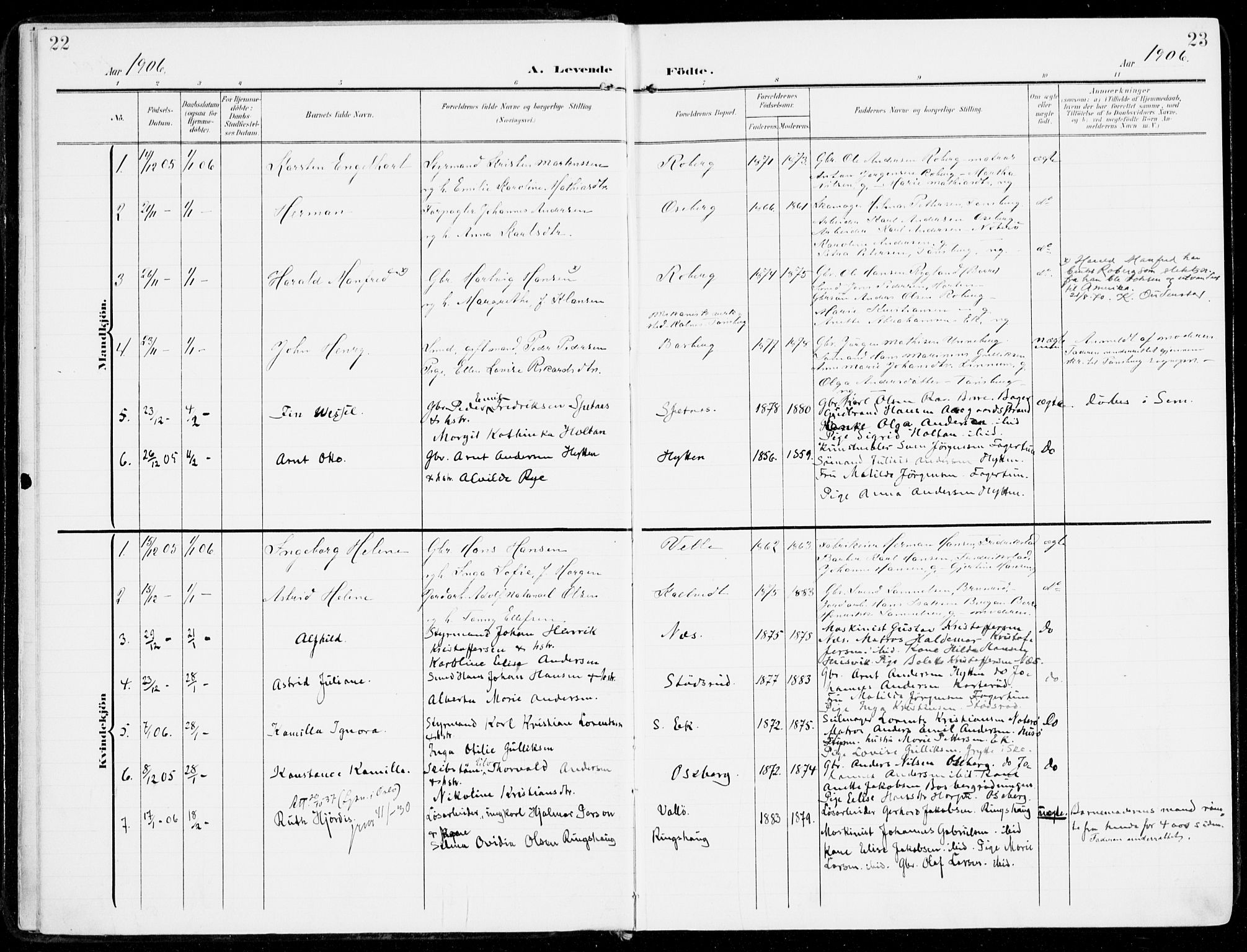 Sem kirkebøker, SAKO/A-5/F/Fb/L0006: Parish register (official) no. II 6, 1905-1918, p. 22-23