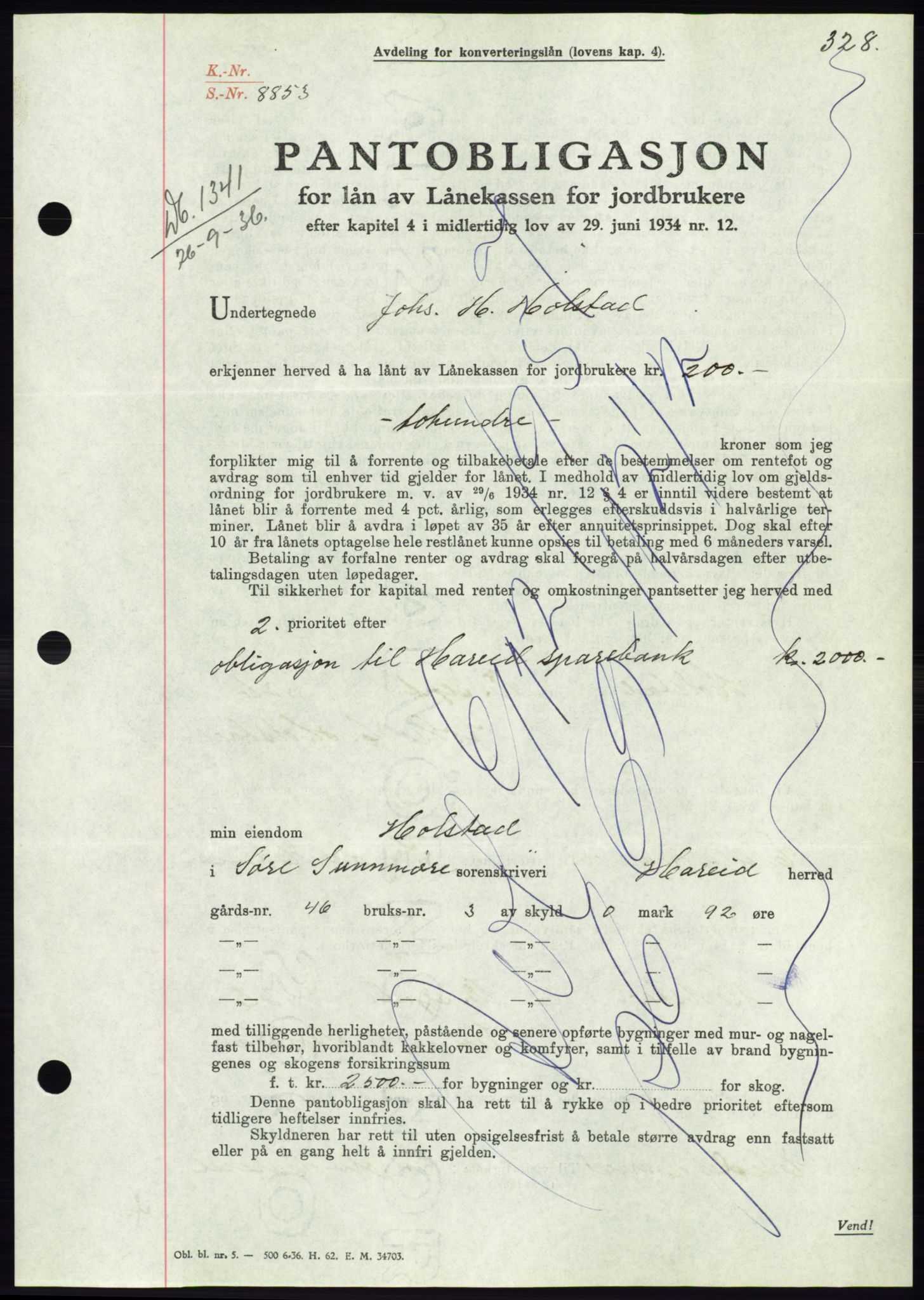 Søre Sunnmøre sorenskriveri, AV/SAT-A-4122/1/2/2C/L0061: Mortgage book no. 55, 1936-1936, Diary no: : 1341/1936