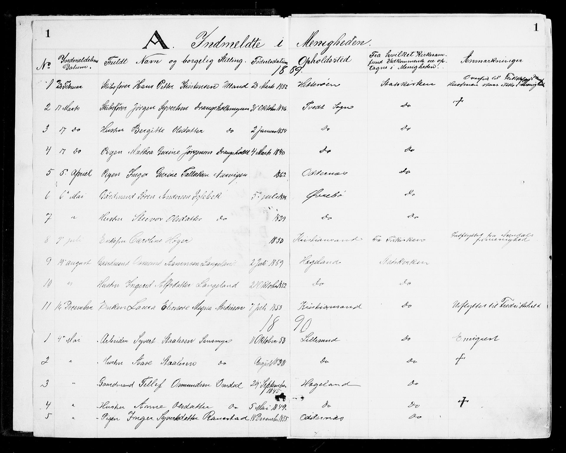Den evangelisk-lutherske frikirke, Kristiansand, SAK/1292-0017/F/Fa/L0002: Dissenter register no. F 10, 1889-1892, p. 1