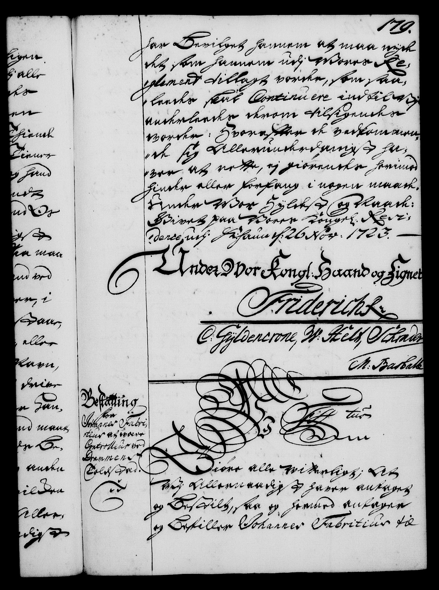 Rentekammeret, Kammerkanselliet, RA/EA-3111/G/Gg/Gge/L0001: Norsk bestallingsprotokoll med register (merket RK 53.25), 1720-1730, p. 179