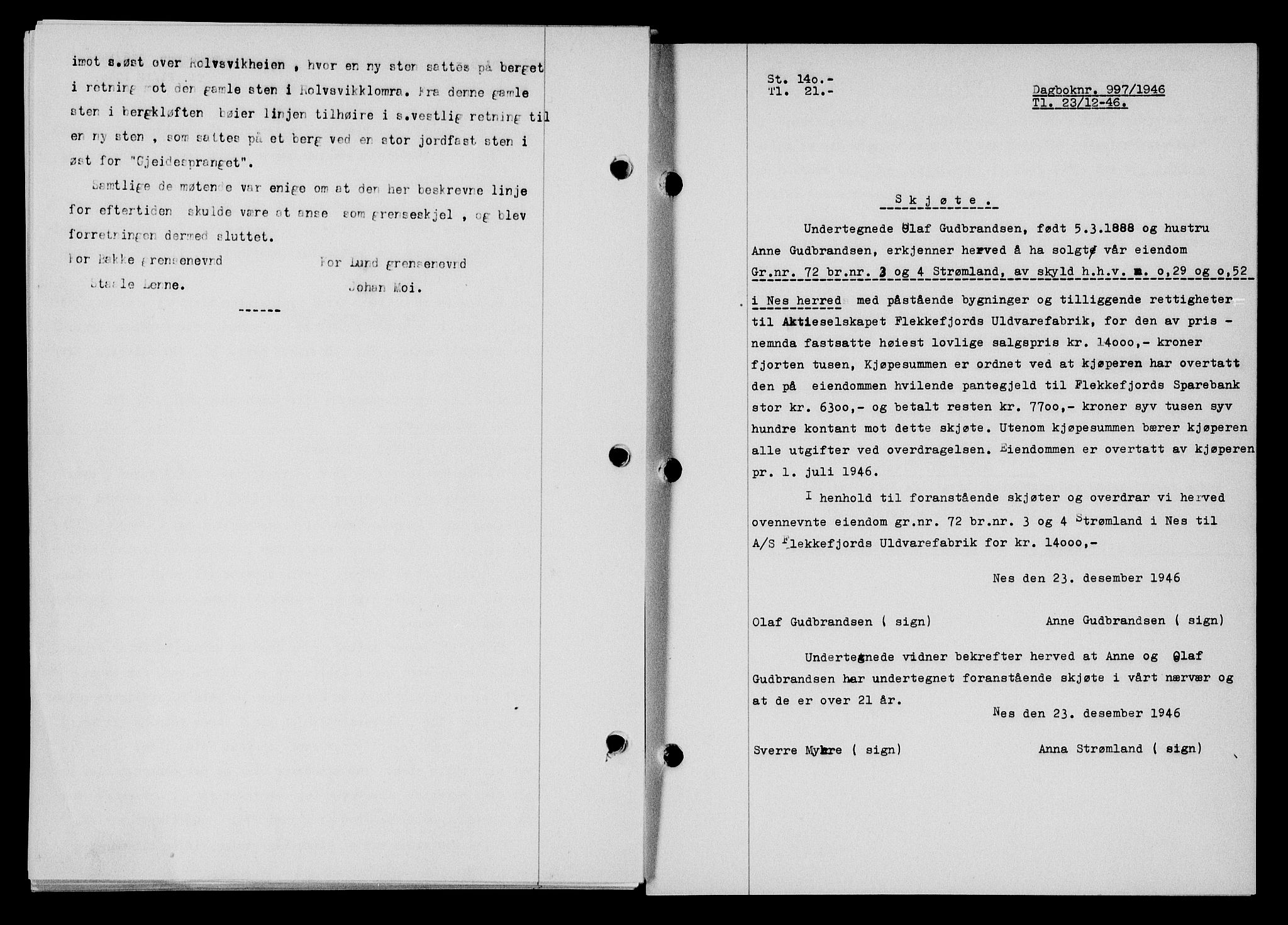 Flekkefjord sorenskriveri, SAK/1221-0001/G/Gb/Gba/L0061: Mortgage book no. A-9, 1946-1947, Diary no: : 997/1946