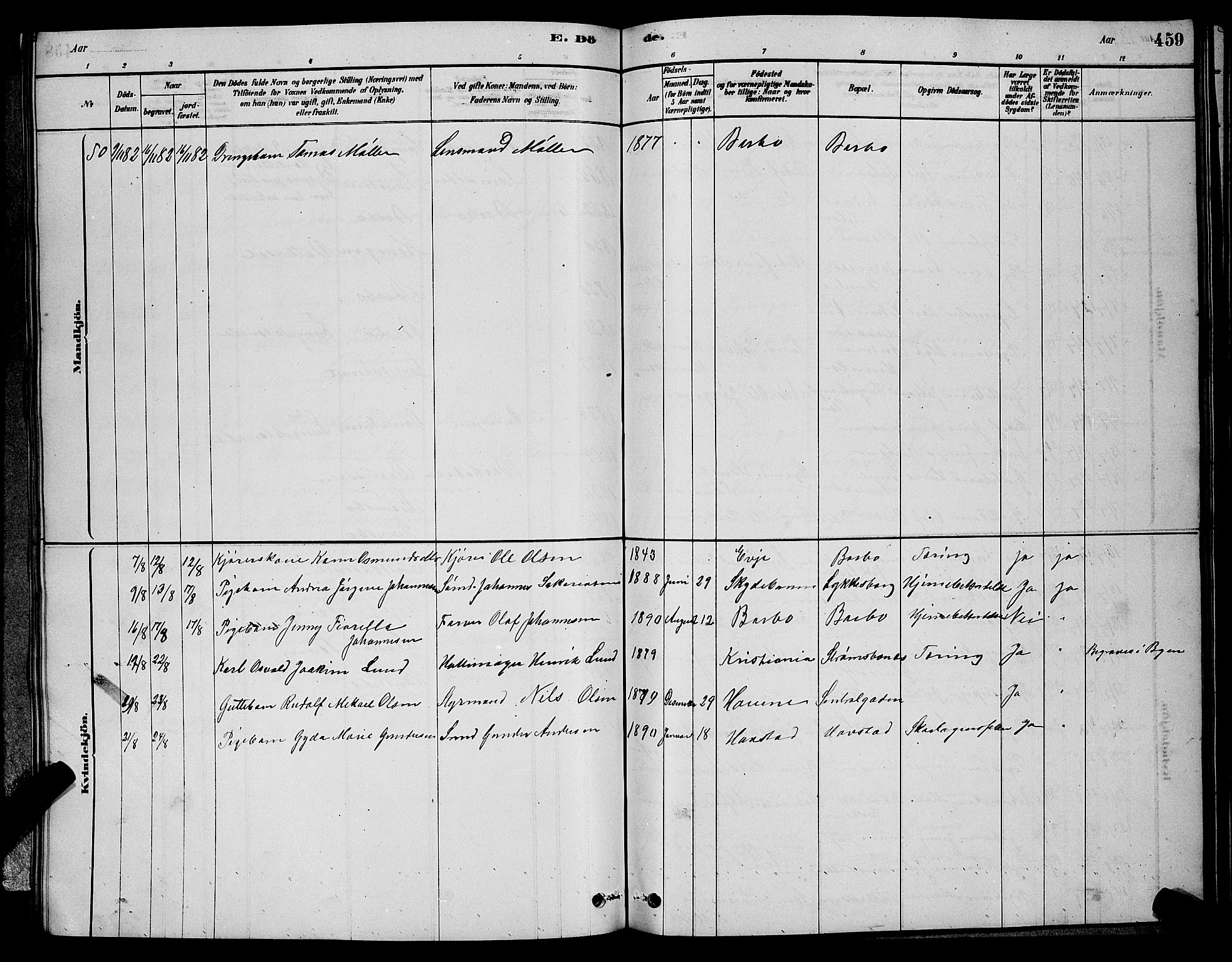 Barbu sokneprestkontor, AV/SAK-1111-0003/F/Fb/L0001: Parish register (copy) no. B 1, 1878-1890, p. 459