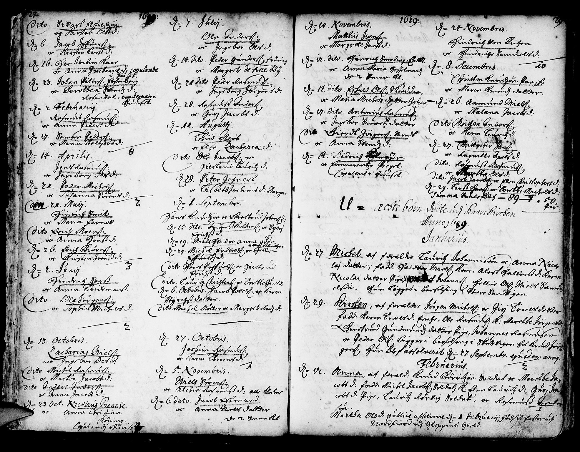 Korskirken sokneprestembete, AV/SAB-A-76101/H/Haa/L0002: Parish register (official) no. A 2, 1688-1697, p. 28-29