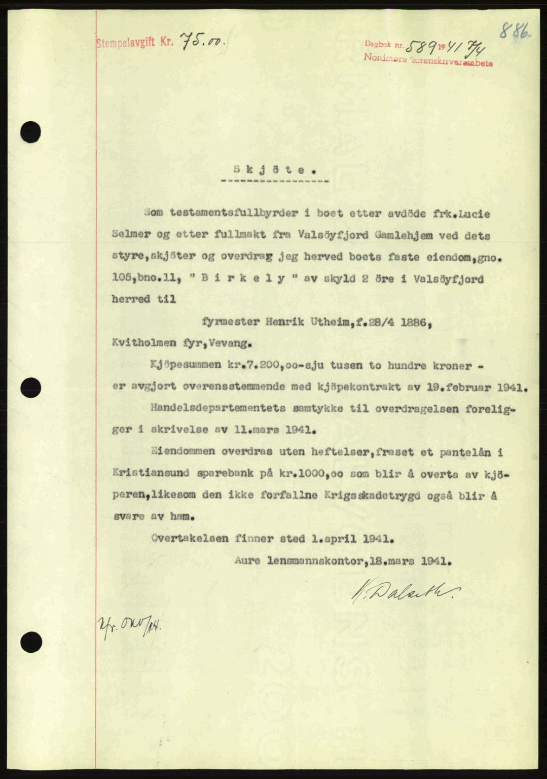 Nordmøre sorenskriveri, SAT/A-4132/1/2/2Ca: Mortgage book no. A89, 1940-1941, Diary no: : 589/1941