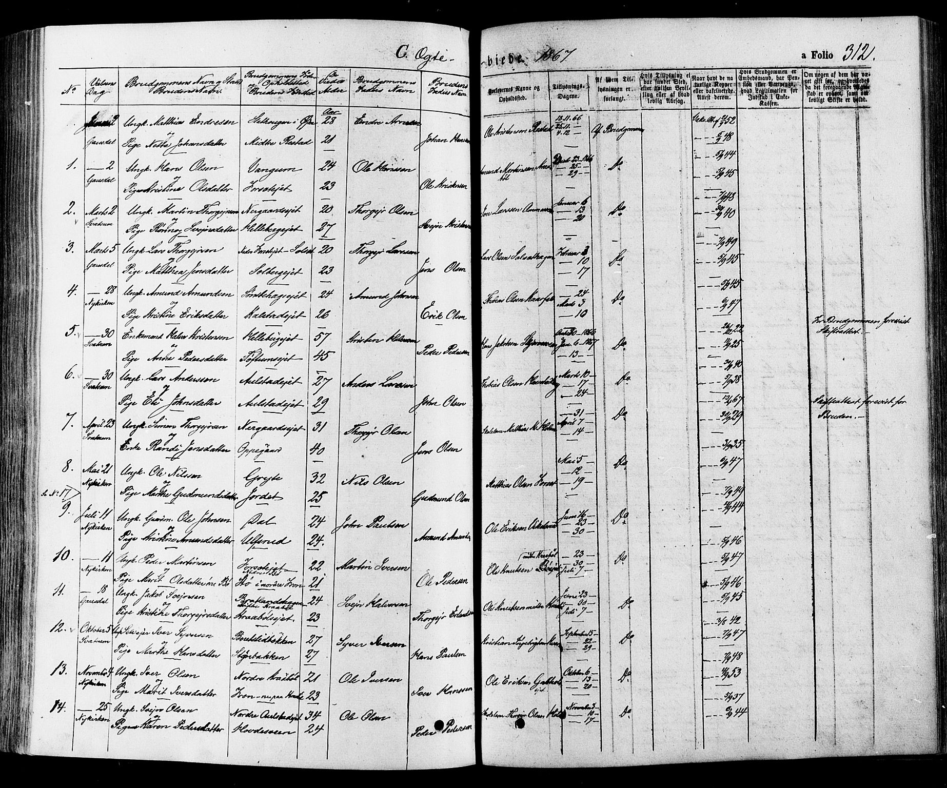 Gausdal prestekontor, SAH/PREST-090/H/Ha/Haa/L0010: Parish register (official) no. 10, 1867-1886, p. 312