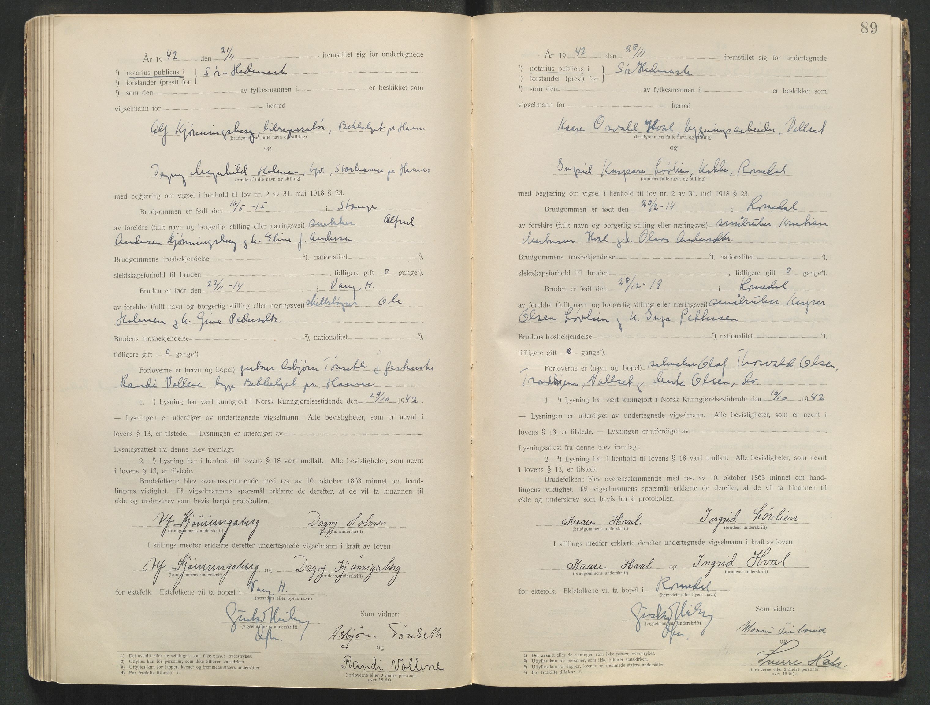 Sør-Hedmark sorenskriveri, AV/SAH-TING-014/L/Le/L0001/0002: Vigselbøker / Vigselbok, 1938-1942, p. 89