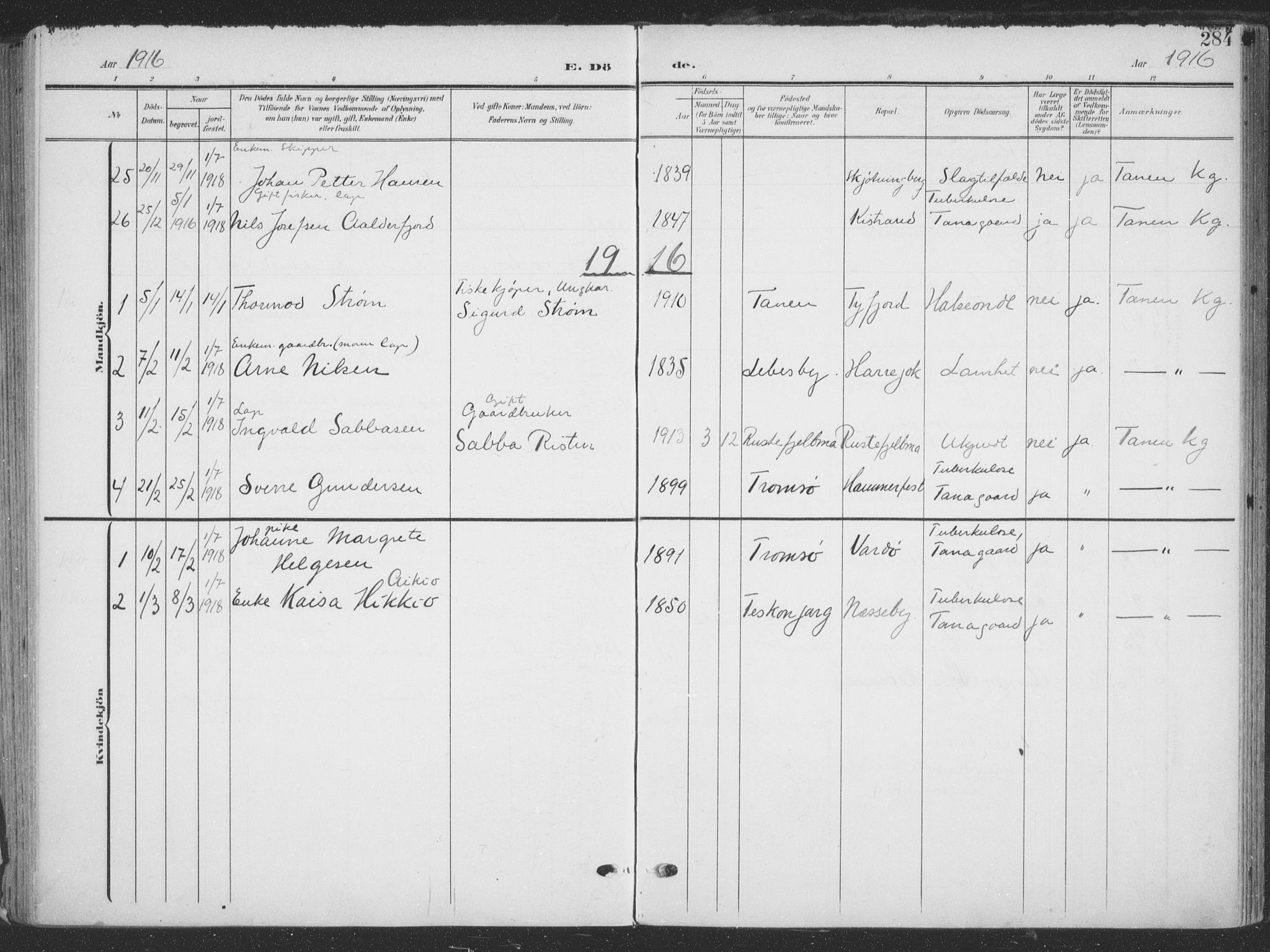 Tana sokneprestkontor, AV/SATØ-S-1334/H/Ha/L0007kirke: Parish register (official) no. 7, 1904-1918, p. 284