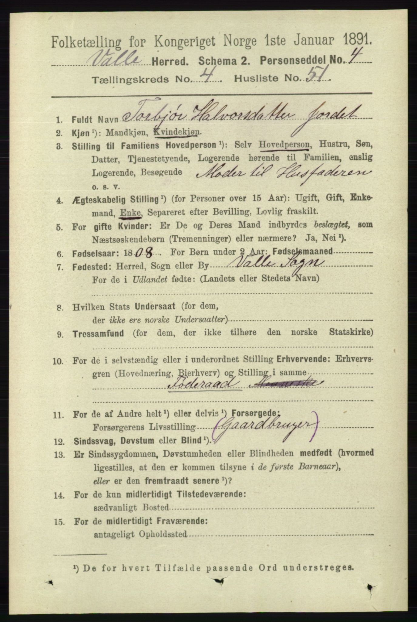 RA, 1891 census for 0940 Valle, 1891, p. 1278