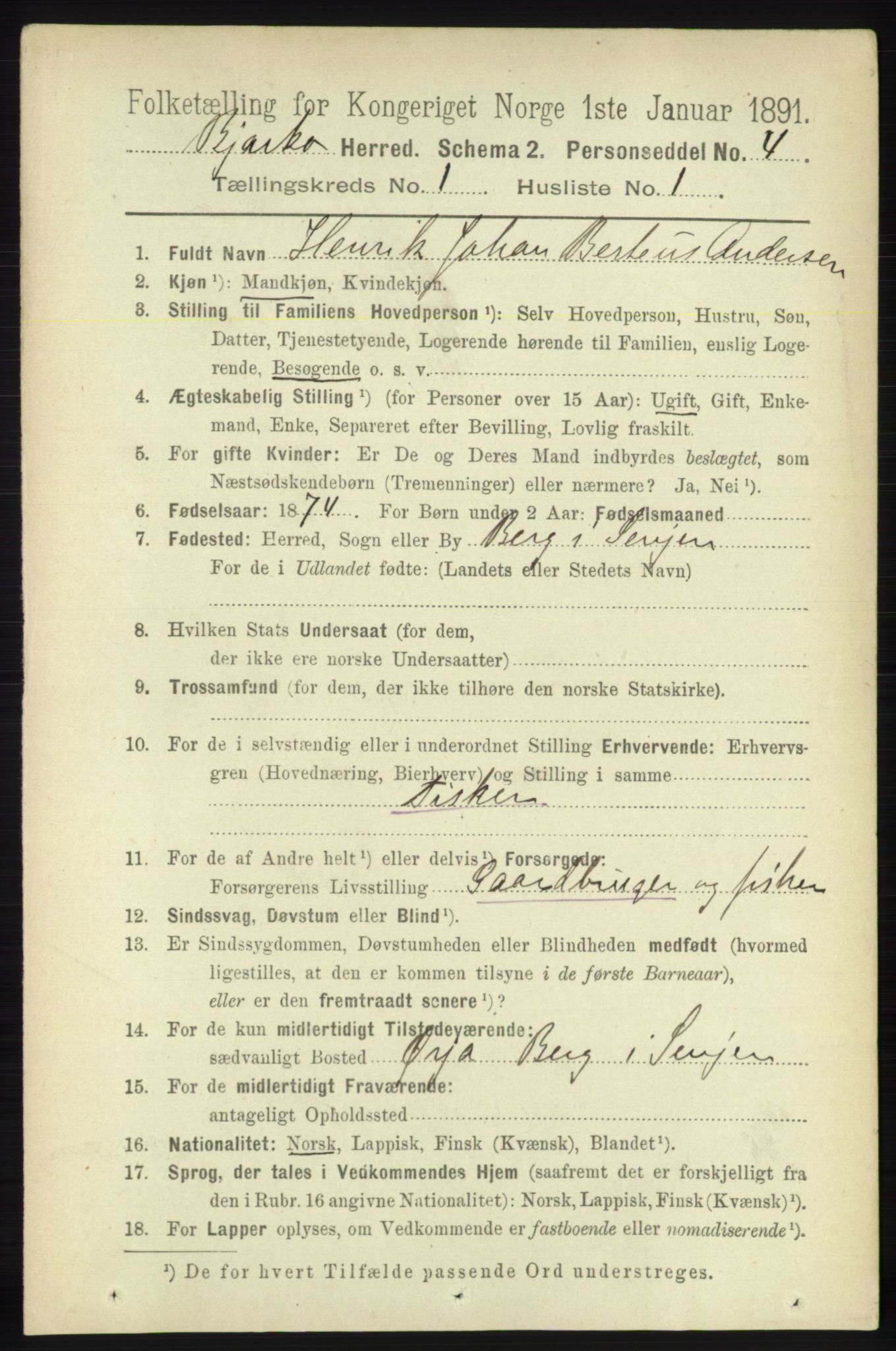 RA, 1891 census for 1915 Bjarkøy, 1891, p. 96