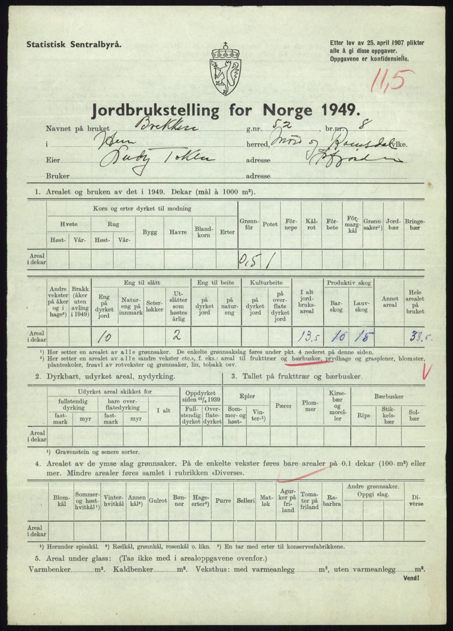 Statistisk sentralbyrå, Næringsøkonomiske emner, Jordbruk, skogbruk, jakt, fiske og fangst, AV/RA-S-2234/G/Gc/L0323: Møre og Romsdal: Grytten og Hen, 1949, p. 553