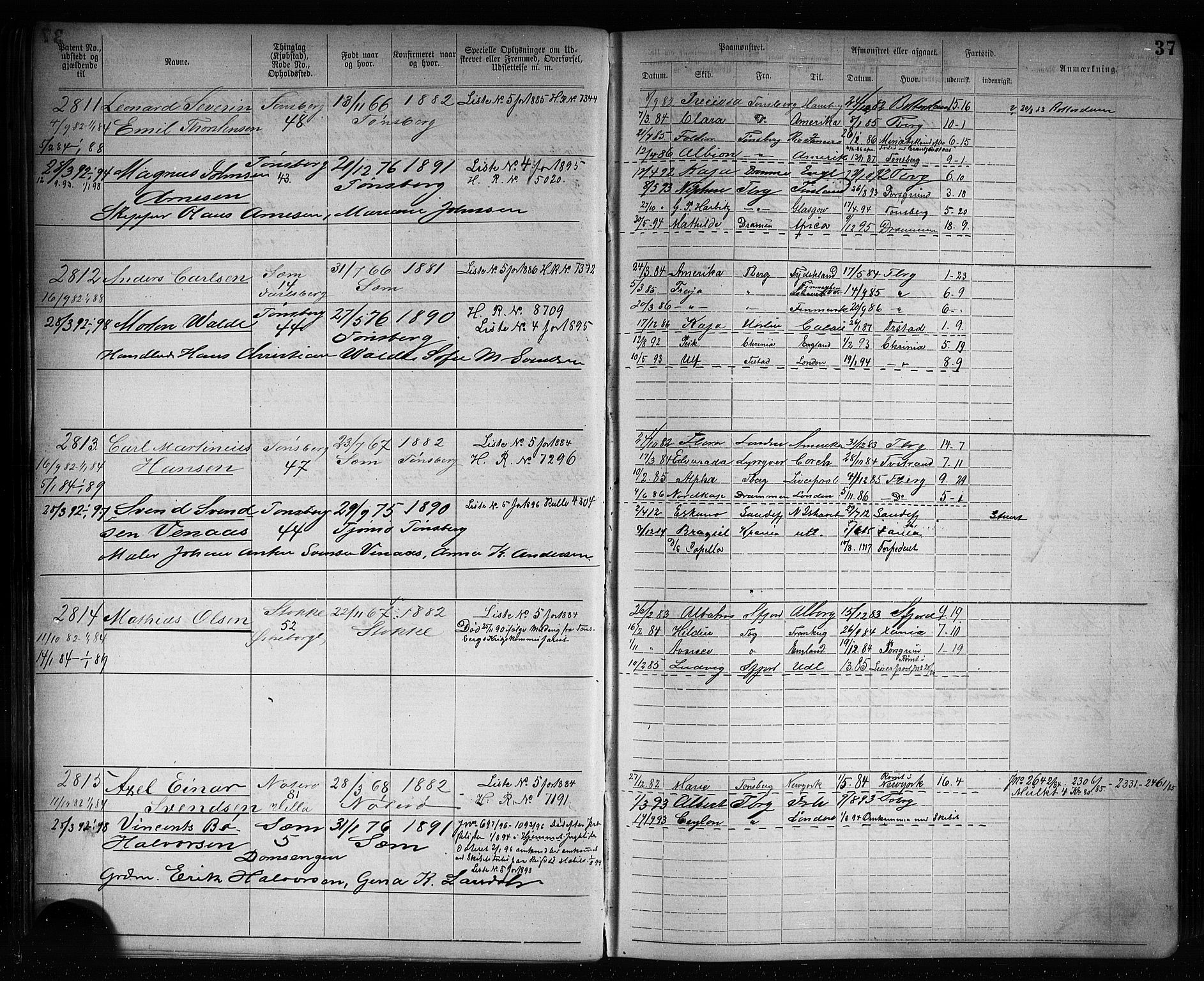 Tønsberg innrulleringskontor, AV/SAKO-A-786/F/Fb/L0007: Annotasjonsrulle Patent nr. 2636-5150, 1881-1892, p. 38