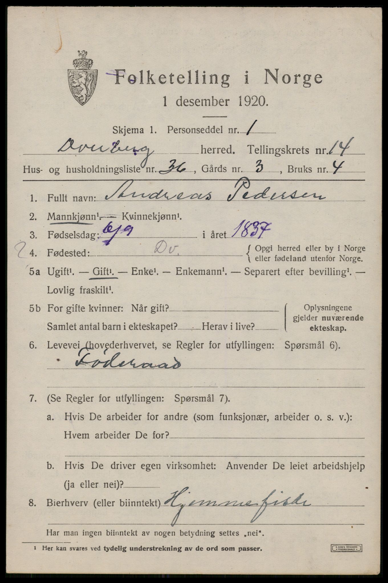 SAT, 1920 census for Dverberg, 1920, p. 10988