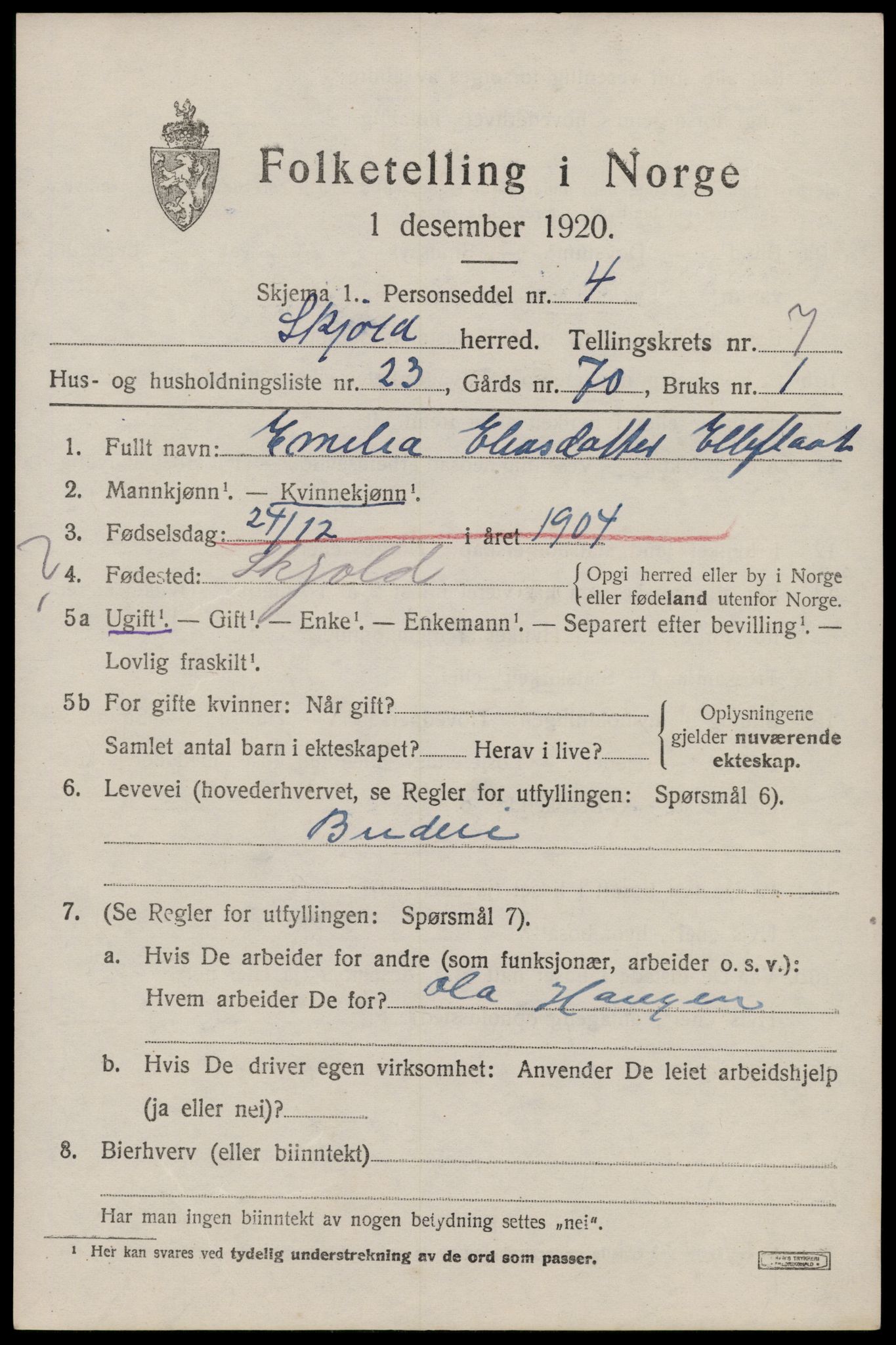 SAST, 1920 census for Skjold, 1920, p. 4104