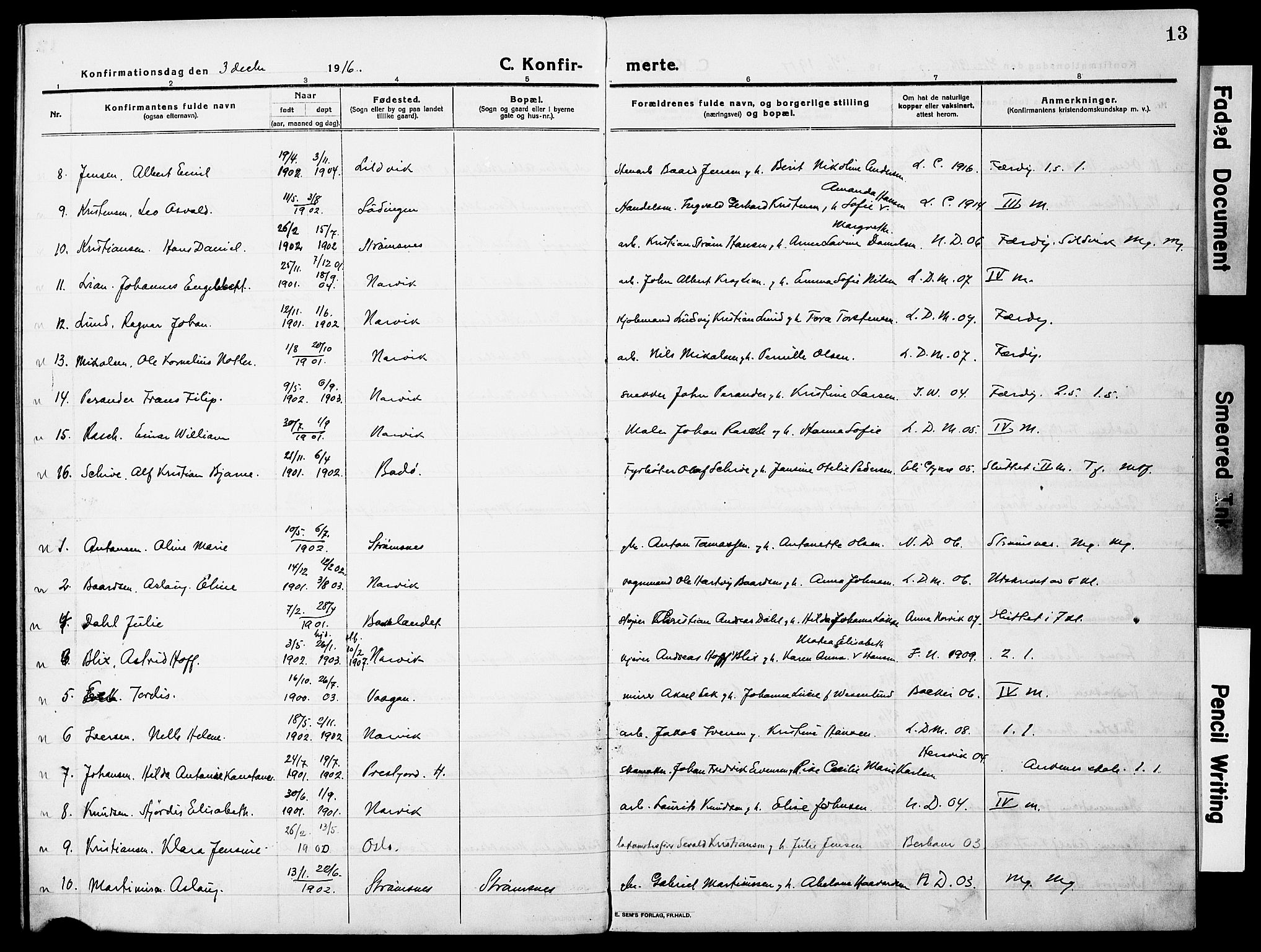 Ministerialprotokoller, klokkerbøker og fødselsregistre - Nordland, AV/SAT-A-1459/871/L0989: Parish register (official) no. 871A05, 1915-1922, p. 13