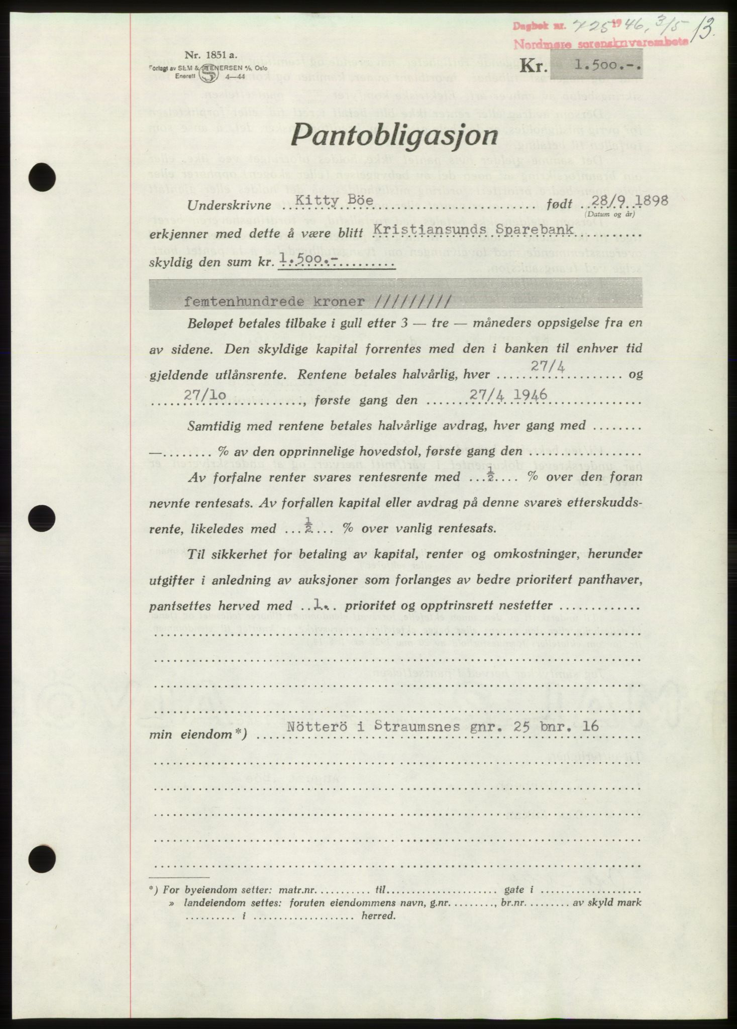 Nordmøre sorenskriveri, AV/SAT-A-4132/1/2/2Ca: Mortgage book no. B94, 1946-1946, Diary no: : 725/1946