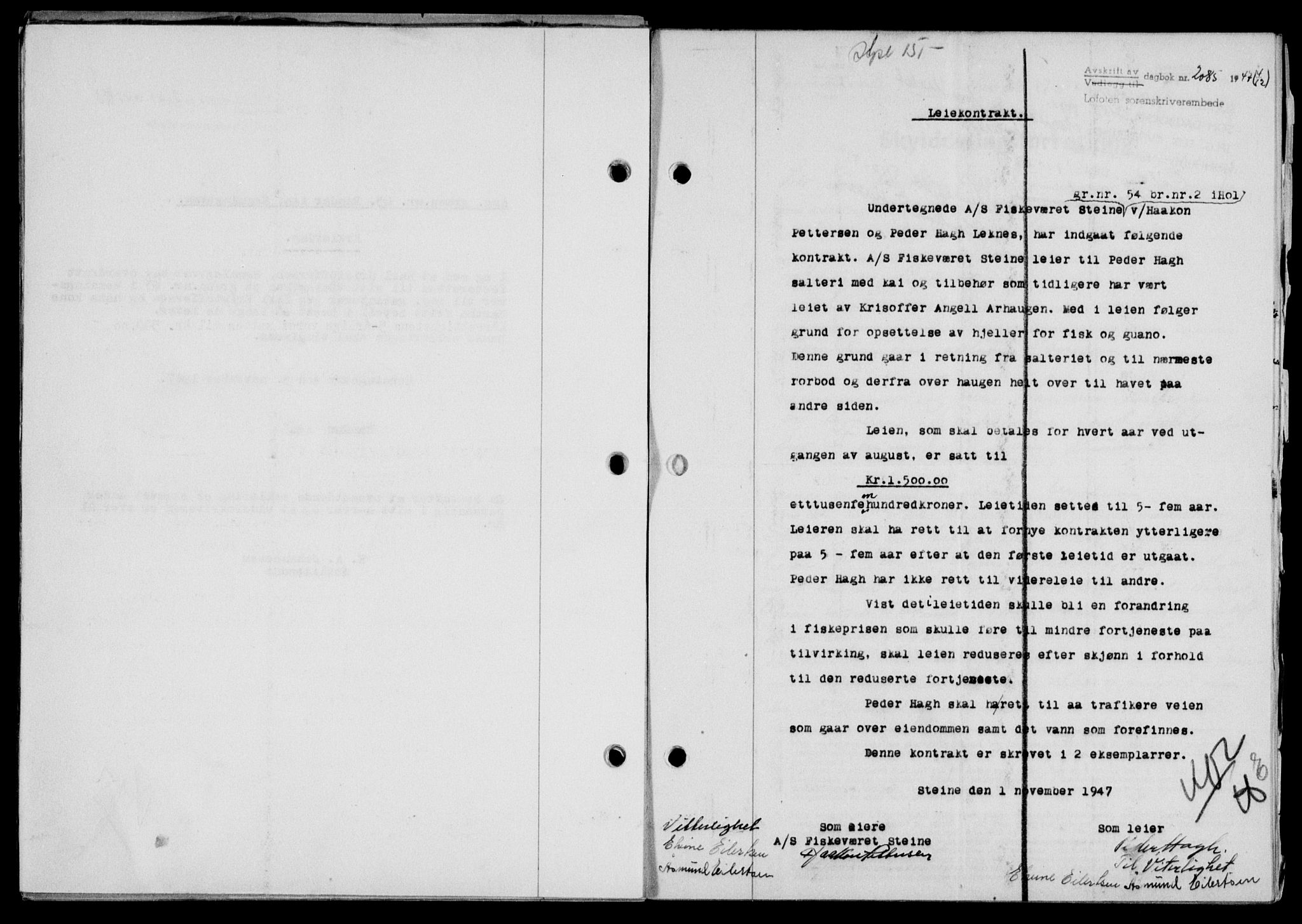 Lofoten sorenskriveri, SAT/A-0017/1/2/2C/L0017a: Mortgage book no. 17a, 1947-1948, Diary no: : 2085/1947