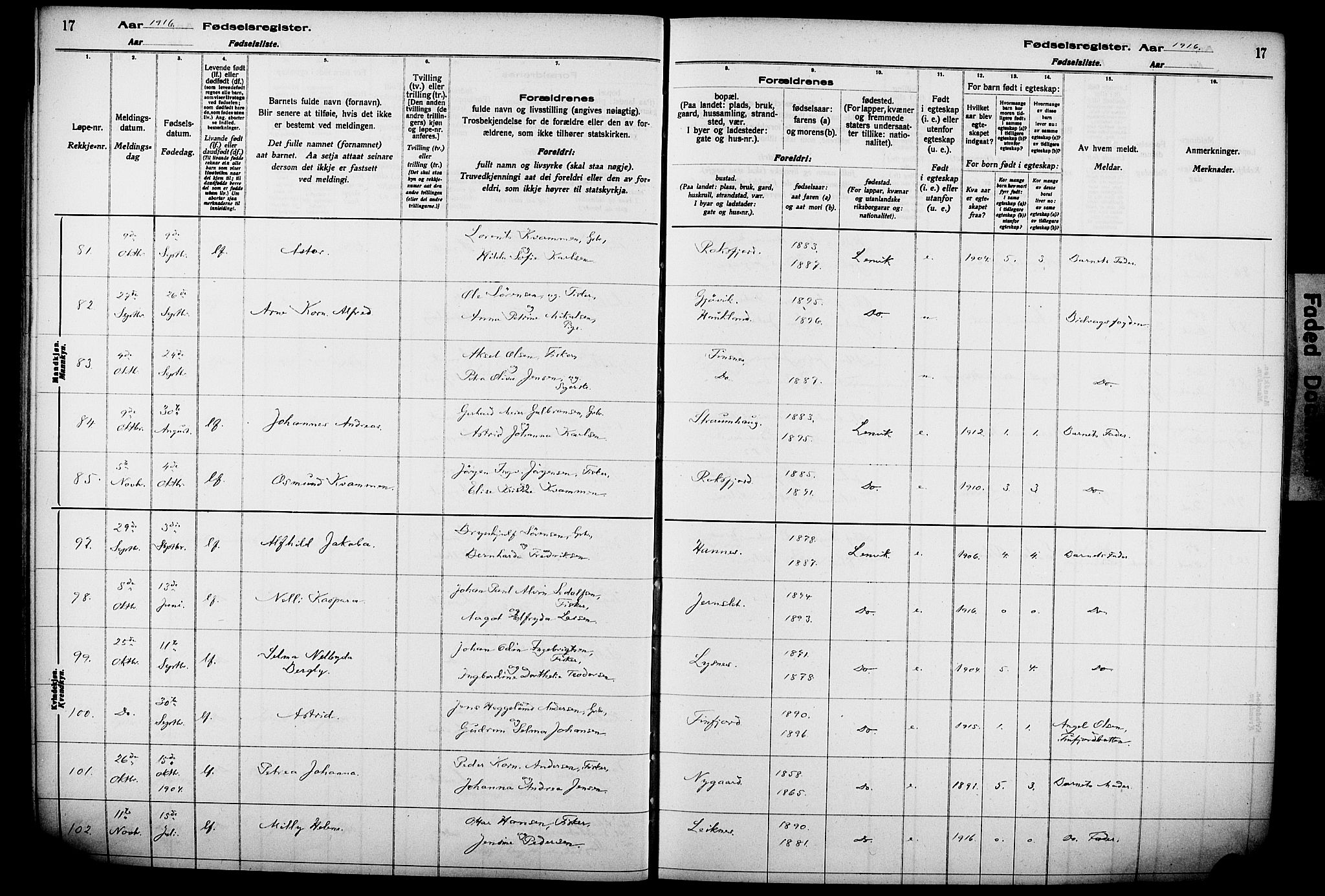 Lenvik sokneprestembete, AV/SATØ-S-1310/I/Ic/L0089: Birth register no. 89, 1916-1926, p. 17