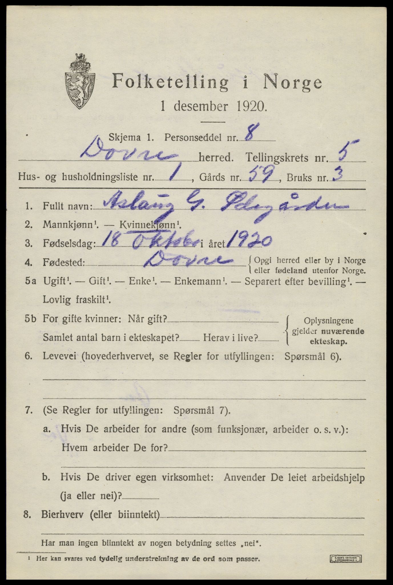 SAH, 1920 census for Dovre, 1920, p. 5194