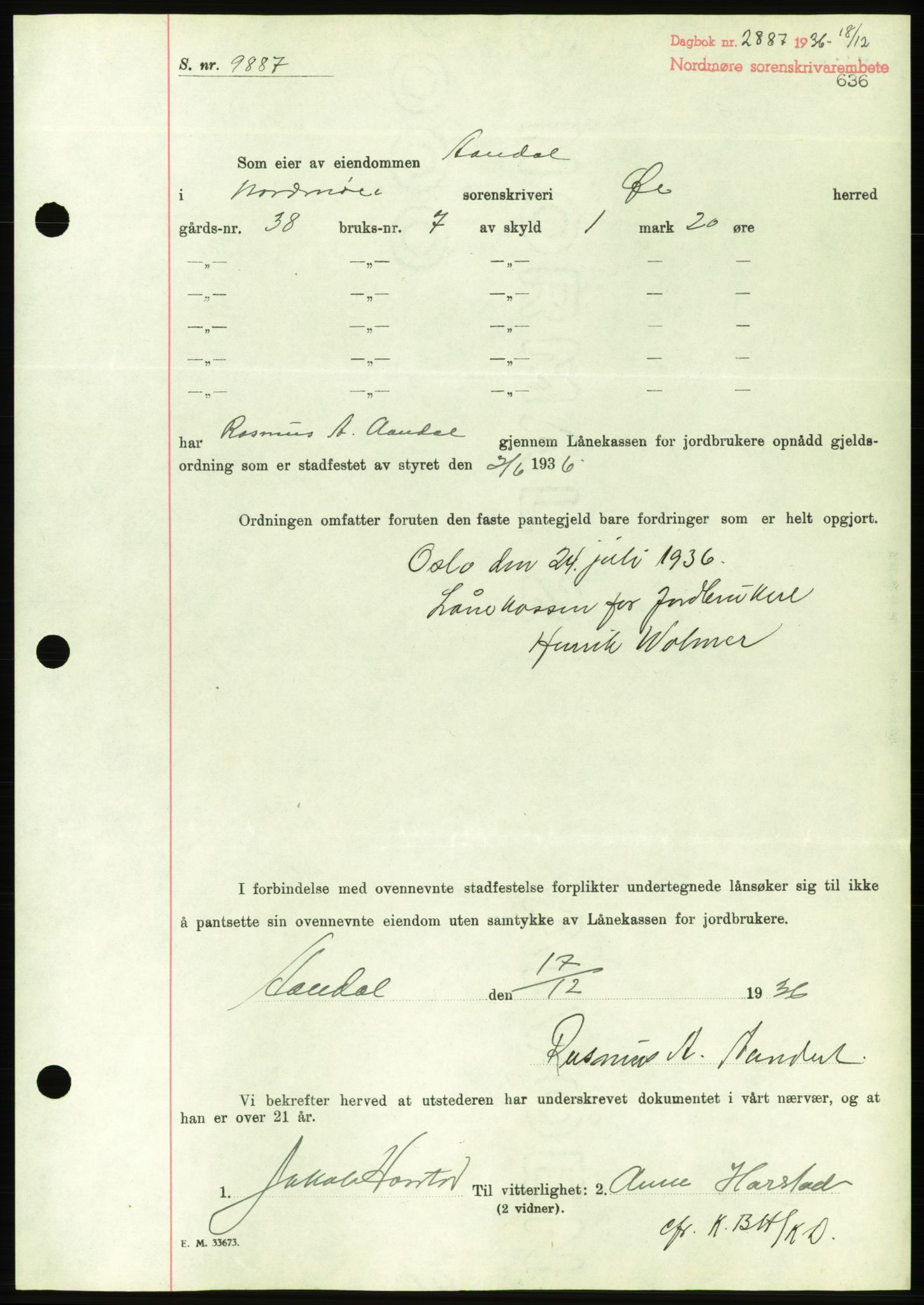 Nordmøre sorenskriveri, AV/SAT-A-4132/1/2/2Ca/L0090: Mortgage book no. B80, 1936-1937, Diary no: : 2887/1936