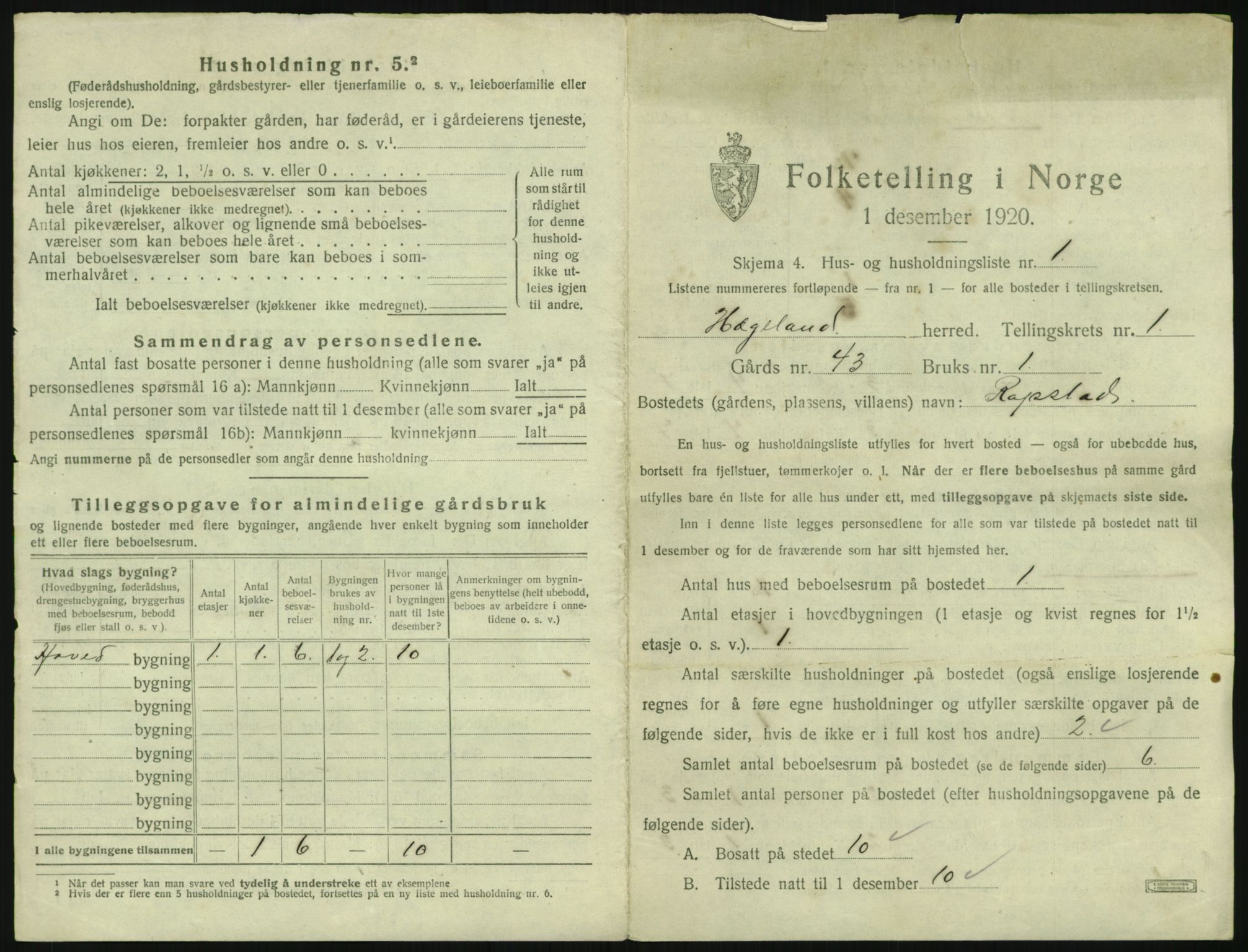 SAK, 1920 census for Hægeland, 1920, p. 31