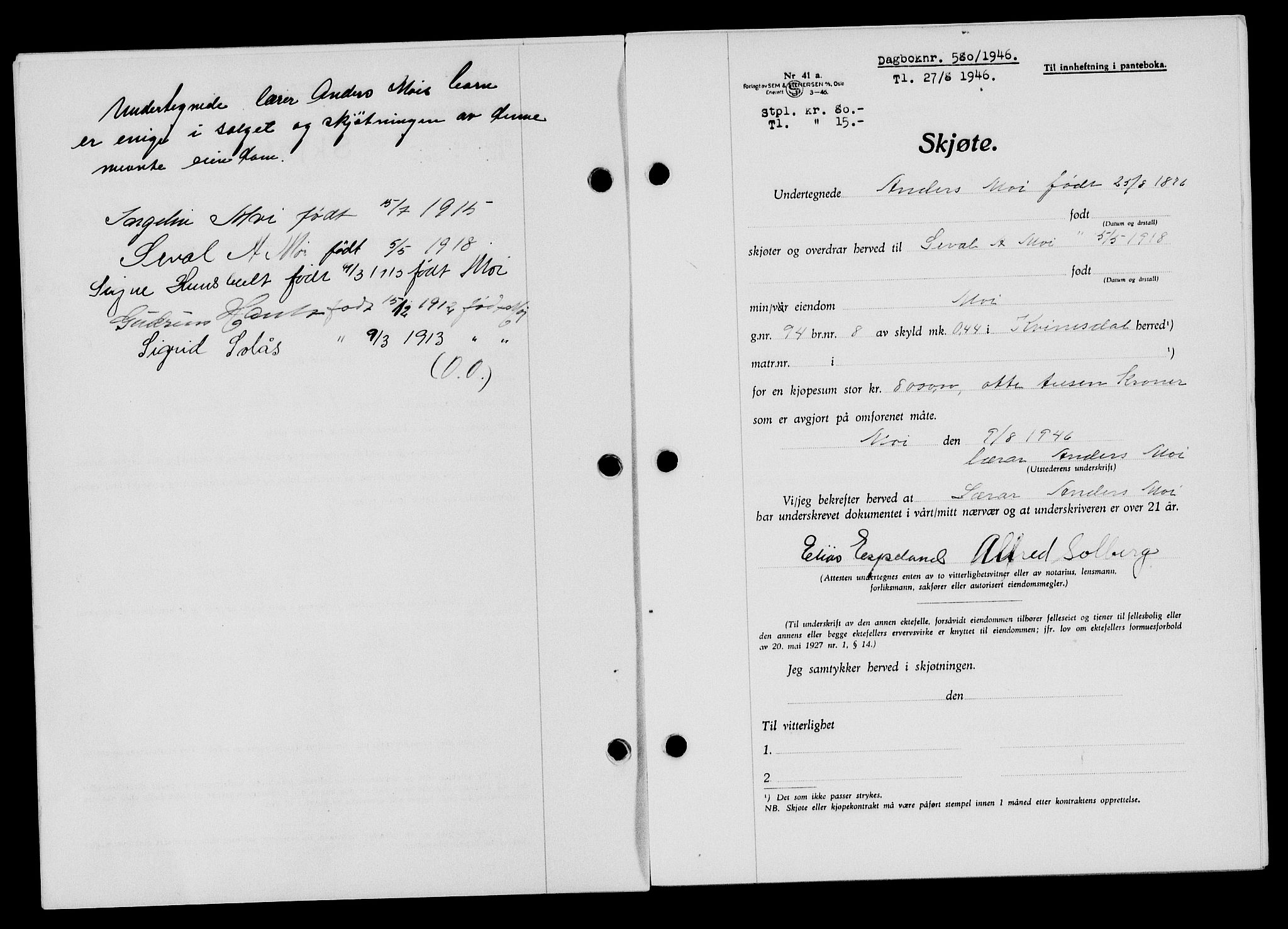 Flekkefjord sorenskriveri, SAK/1221-0001/G/Gb/Gba/L0060: Mortgage book no. A-8, 1945-1946, Diary no: : 580/1946