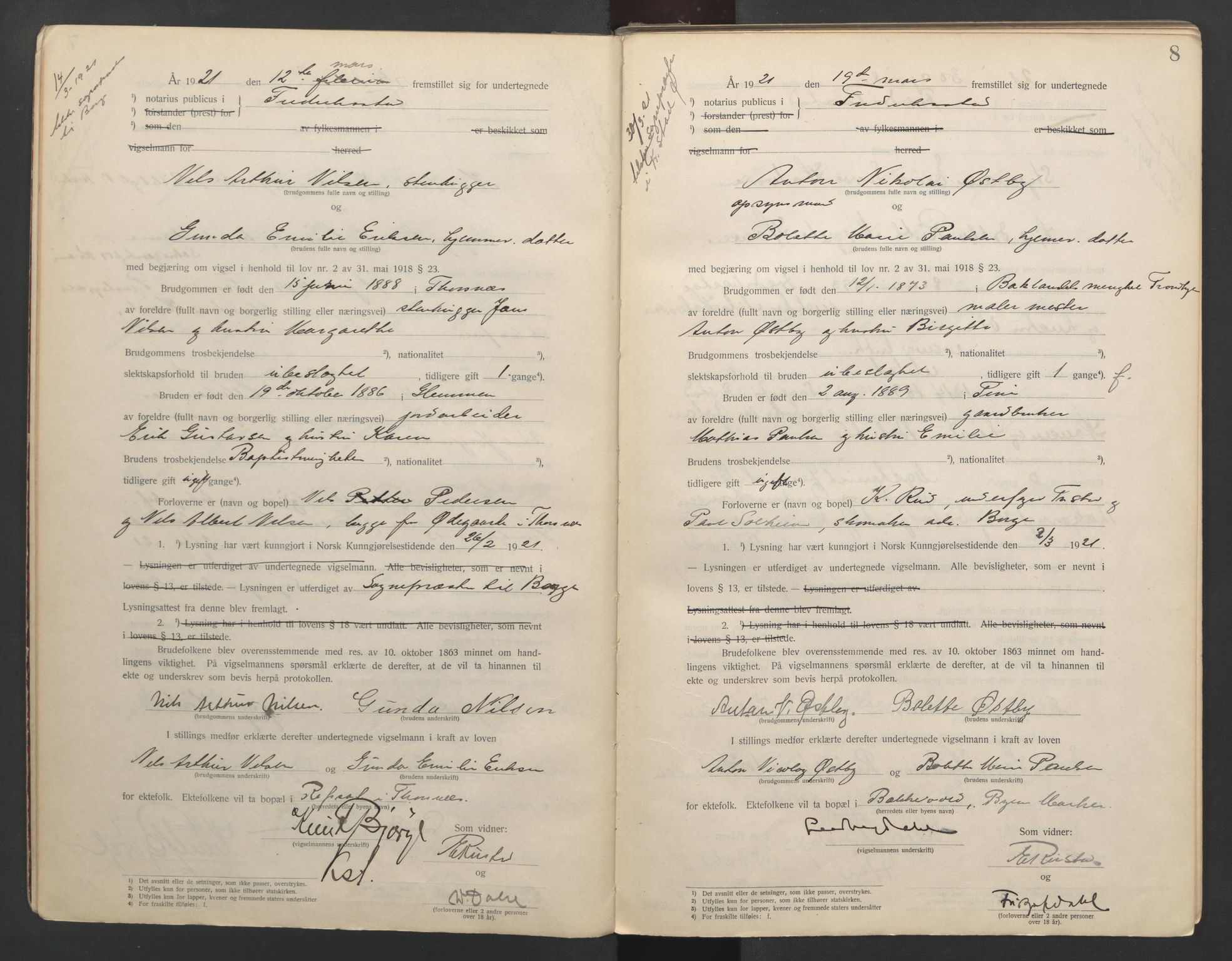 Fredrikstad byfogd, AV/SAO-A-10473a/L/Lc/L0001: Vigselsbok, 1920-1937, p. 8