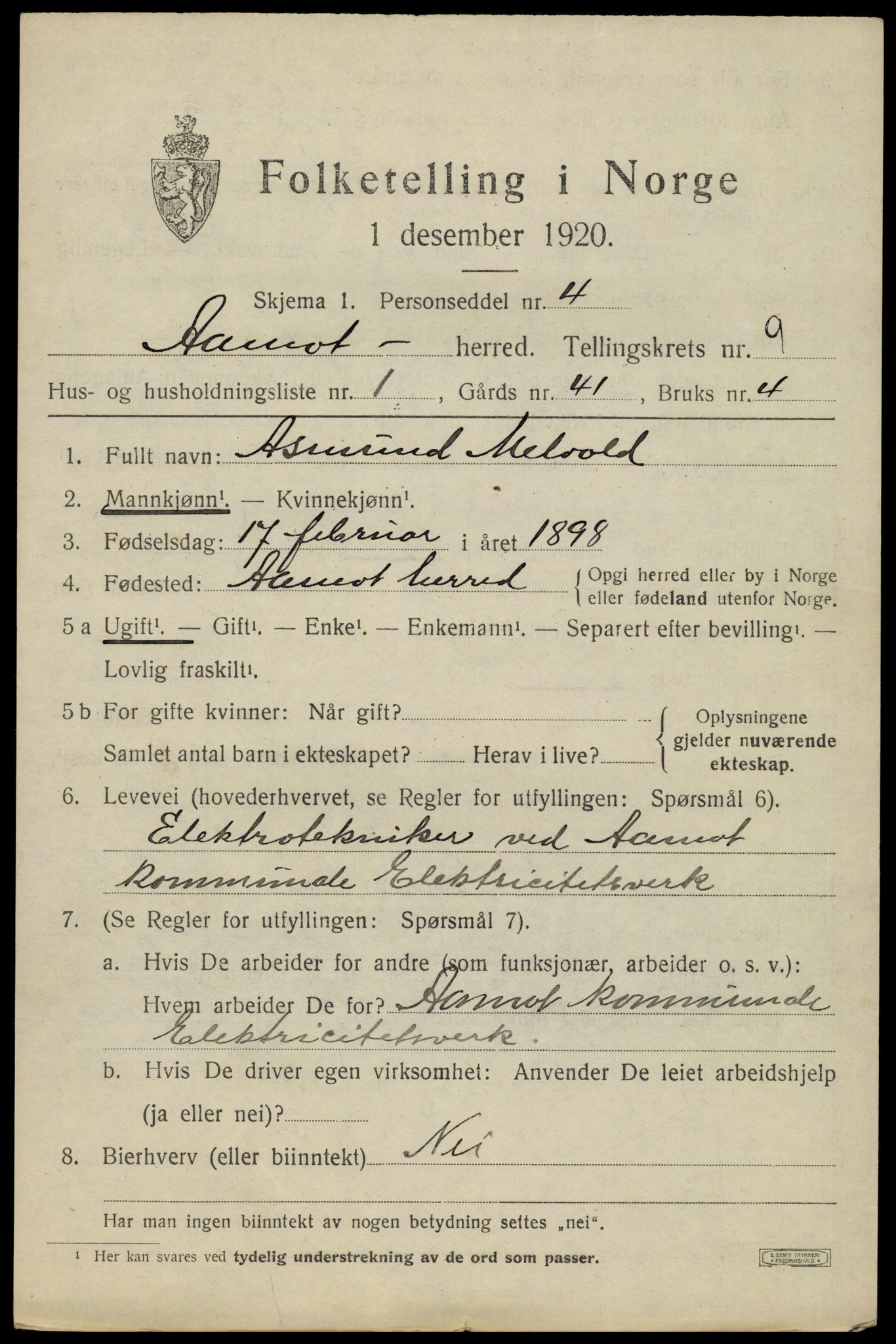 SAH, 1920 census for Åmot, 1920, p. 8193