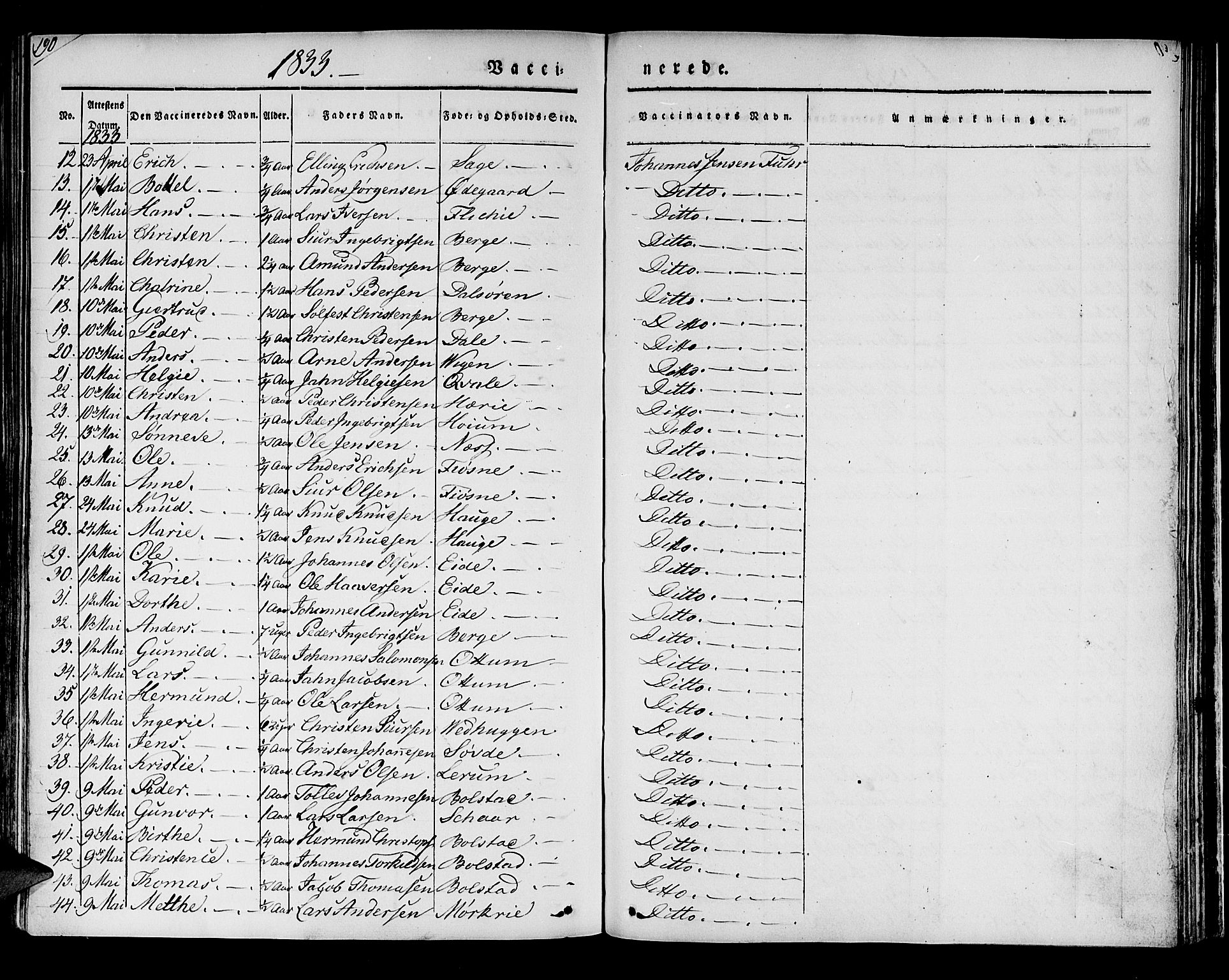 Luster sokneprestembete, AV/SAB-A-81101/H/Haa/Haaa/L0005: Parish register (official) no. A 5, 1831-1841, p. 190